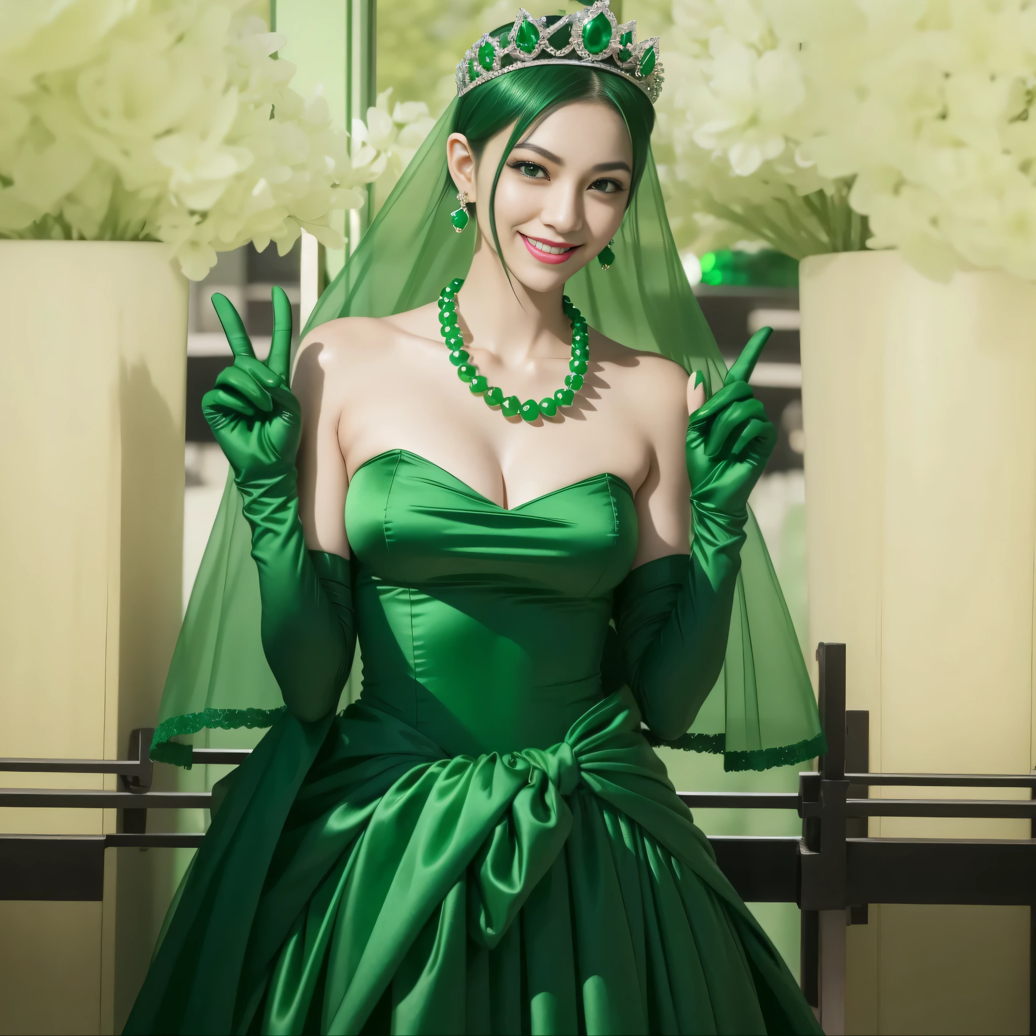 emerald tiara, green pearl necklace, boyish very short green hair, lipstick, smiling Japanese woman, very short hair, big breasts beautiful, green eyes, Long Green Satin Gloves, green eyes, V sign, emerald earrings, green veil