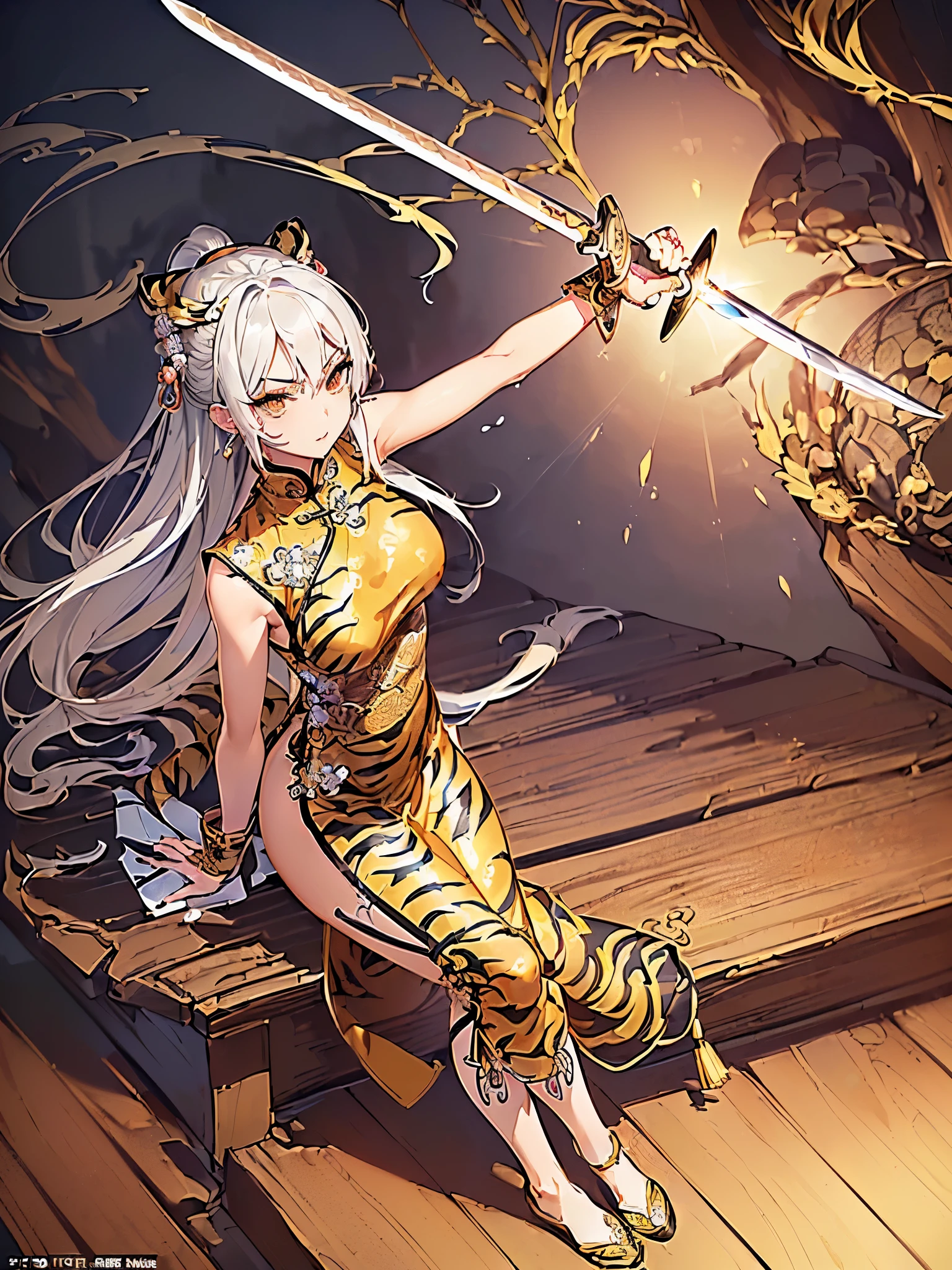 ((highest quality)),(ultra high resolution),(Super detailed),(detailed description),((best CG)),(best work of art),super precision art,great drawing art,(Chinese-style fantasy art with precise details:1.5), (Female Swordsman:1.6),(beautiful and well-shaped face:1.5),(light makeup:1.5),(teardrop shaped earrings:1.4),full of confidence々:1.6,(Slender sword:1.6),dynamic pose:1.5,(Finely detailed Hufuku:1.7,詳細に描写されたTigerの刺繡:1.7),Kung Fu Shoes:1.3, (dragon, Tiger), A sky filled with dark clouds:1.4