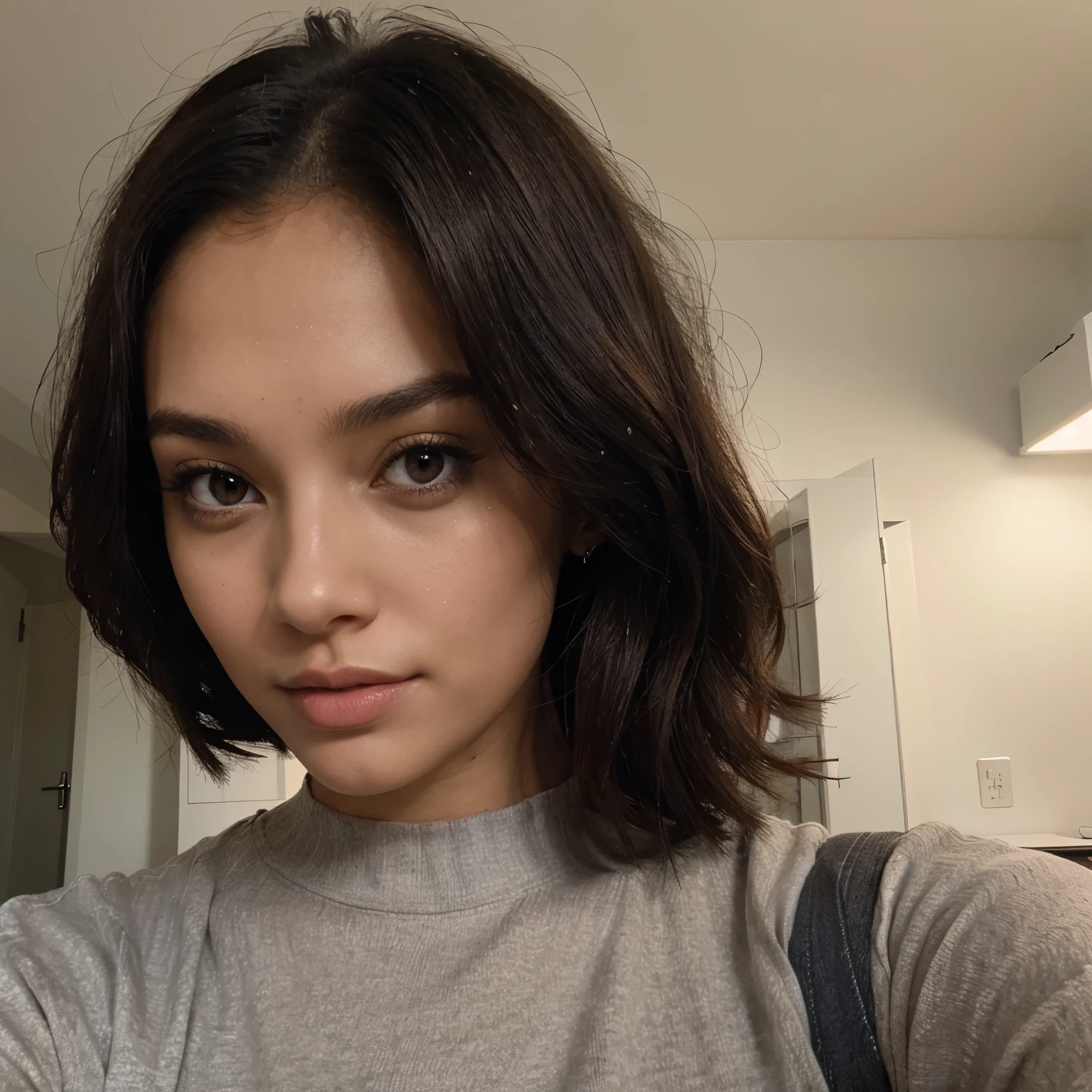 a selfie of a light skinned woman with dark hair, taken with iphone camera