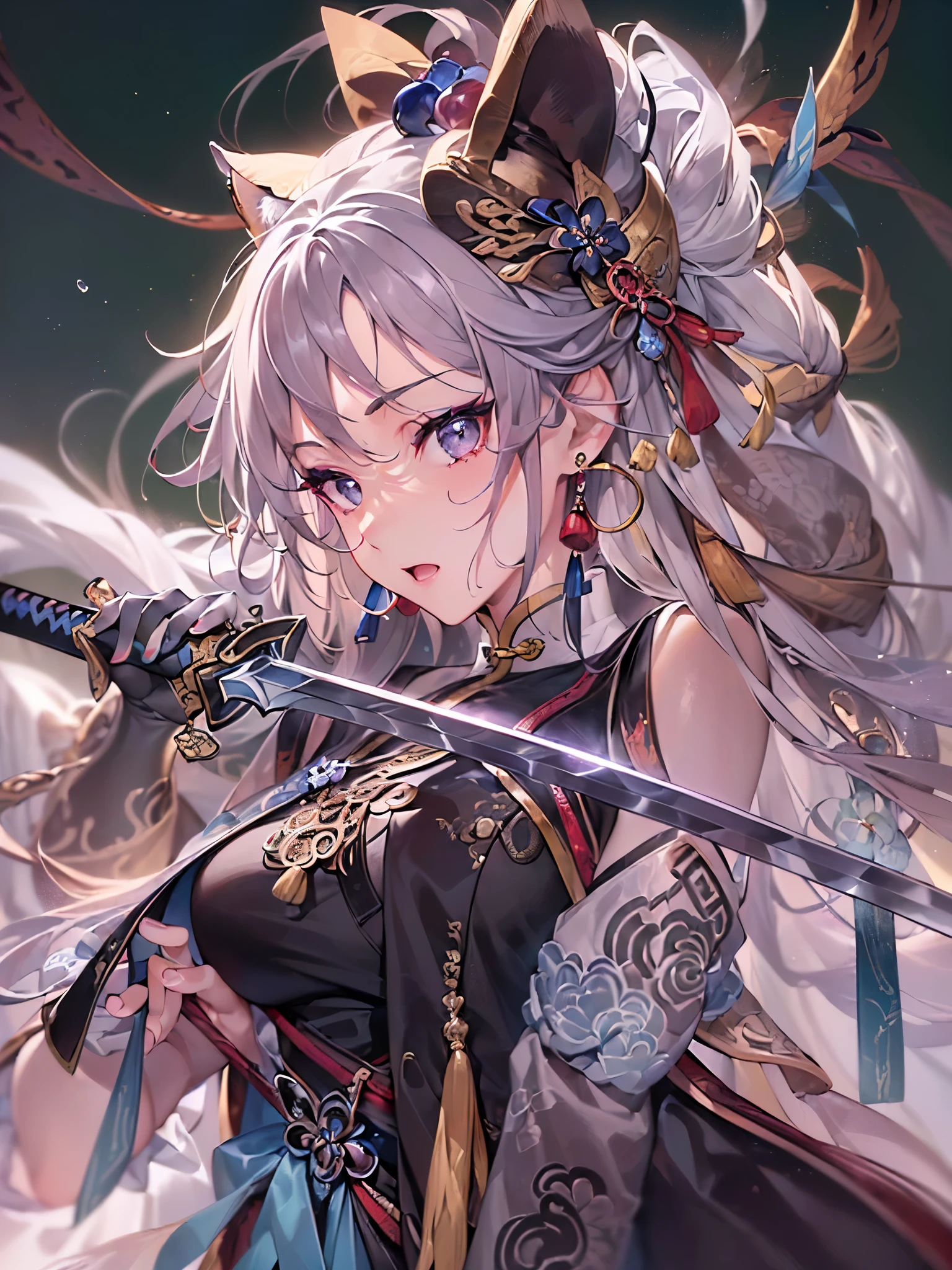 ((highest quality)),(ultra high resolution),(Super detailed),(detailed description),((best CG)),(best work of art),super precision art,great drawing art,(Chinese-style fantasy art with precise details:1.5), (Female Swordsman:1.6),(beautiful and well-shaped face:1.5),(light makeup:1.5),(teardrop shaped earrings:1.4),full of confidence々:1.6,(Slender sword:1.6),dynamic pose:1.5,(Finely detailed Hufuku:1.7,詳細に描写されたTigerの刺繡:1.7),Kung Fu Shoes:1.3, (dragon, Tiger), A sky filled with dark clouds:1.4