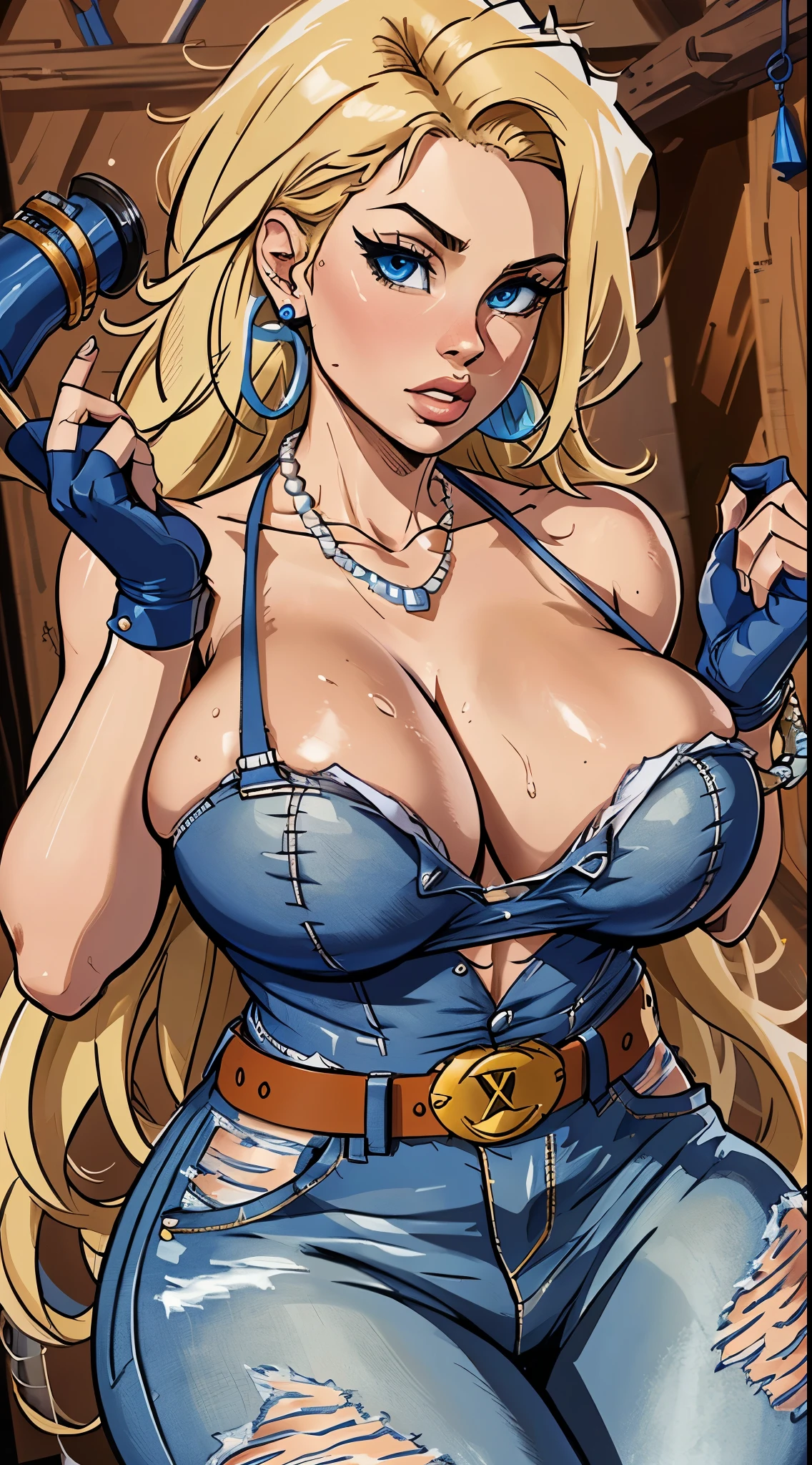 (masutepiece, Best Quality, High resolution, 32K), (((1womanl, Solo))), (Android18_nffsw, Jewelry, Necklace, Pearl Necklace, :1.35, earrings, gloves, Belt bag, Pants, denim, jeans, Perfect eyes, Blue eyes), (super gigantic breast:1.2, ultra gigantic tits:1.2, SuperHuge :1.2, ultra huge cleavage:1.2, Perfect slim body:1.3), (Exposed shaved armpits:1.75, In an abandoned hut, Shabby hut, Messy hut, Dark atmosphere:1.1), (Intricate details:1.1), (Natural Skin Texture, Hyper-Realism), (Detailed face, super detailed skin),