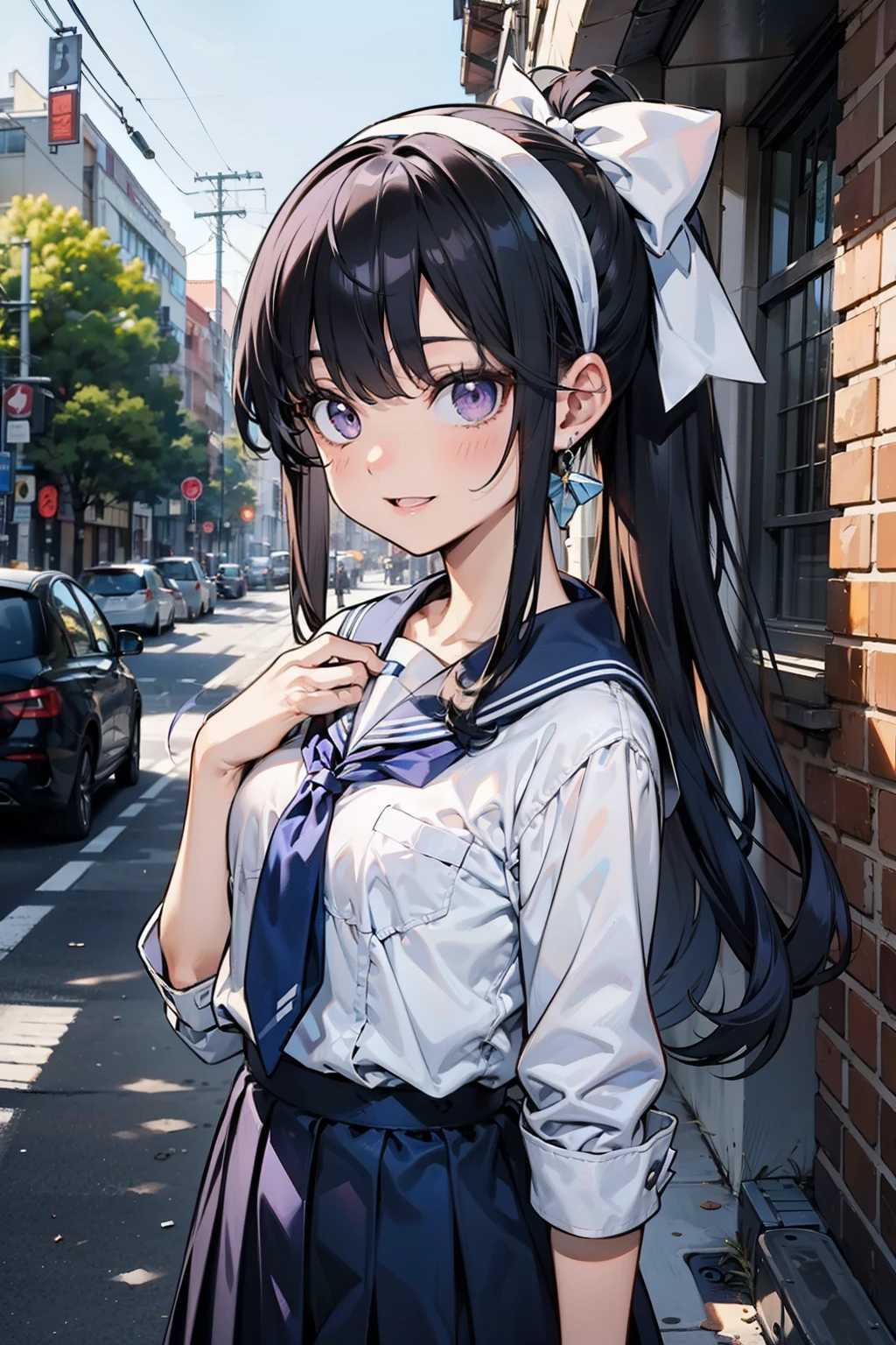body 8 times longer than head, (Highly detailed CG unity 8k), (highest quality),(very detailed),(ultra high resolution), black hair, navy blue sailor uniform, Dark blue skirt, navy blue sailor uniformを着た女子高生, Anime 2D rendering, realistic young anime high school girl, (White headband), smile, purple eyes, small breasts, tall, slanted eyes, school scenery, black stockings, bright color, open your mouth a little, ponytail, Tie your hair with a white ribbon,