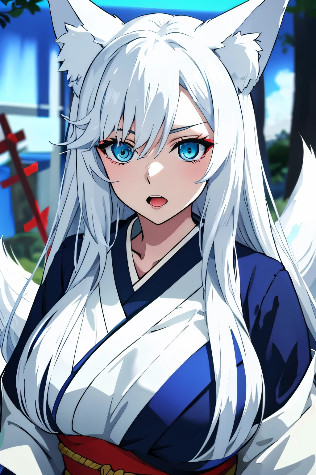 Huge tits, kimono, white circle eyes, Busty, best quality, (masterpiece:1.2), highly detailed, 1girl, looking at viewer, emotionless, open mouth, blue eyes, long hair, shrine, silver hair, fox ears, fox tails, close up