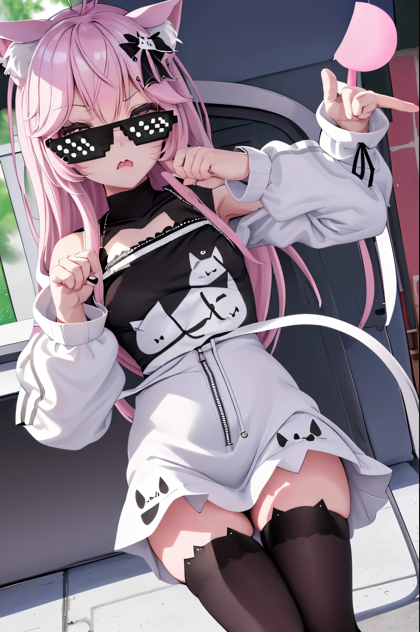 NyannersBase, cat ears, hoodie, long sleeves, camisole, cat print, white skirt, cat ear legwear, asymmetrical legwear with a mic in hand acting as a rapper incrsdealwithit
sunglasses 