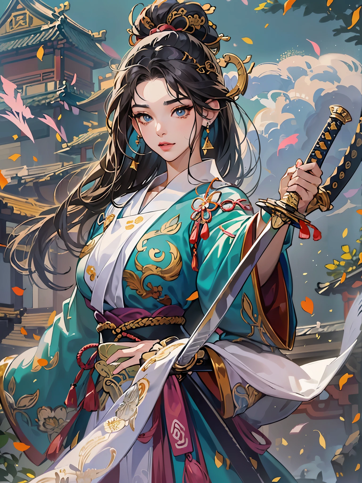 ((highest quality)),(ultra high resolution),(Super detailed),(detailed description),((best CG)),(best work of art),super precision art,great drawing art,(Chinese-style fantasy art with precise details:1.5), (Female Swordsman:1.6),(beautiful and well-shaped face:1.5),(light makeup:1.5),(teardrop shaped earrings:1.4),full of confidence々:1.6,(Slender sword:1.6),dynamic pose:1.5,(Finely detailed Hufuku:1.7,詳細に描写されたTigerの刺繡:1.7),Kung Fu Shoes:1.3, (dragon, Tiger), A sky filled with dark clouds:1.4