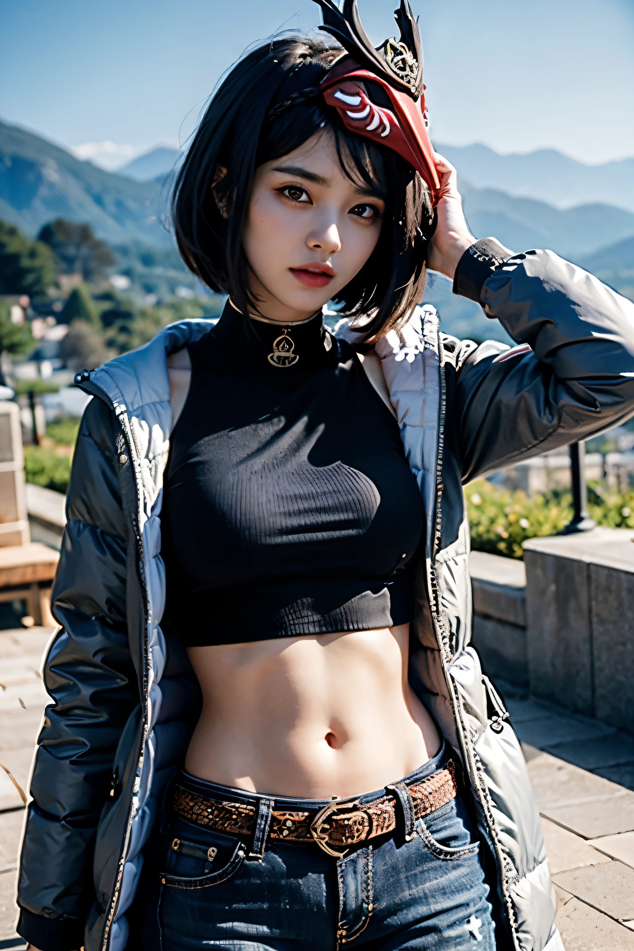 1girl, ((long sleeved puffer parka with gold trim, long dark blue jeans, gold belt)), ((midriff, navel)), looking at viewer, smile, mountains on background, garden, sit on stone, (cinematic lighting, best quality, masterpiece, high details, best quality, highres, HD, 4K, 8k, super detail), (kujou sara:1.3), mask on head, blue hair, sh9ort hair, yellow eyes