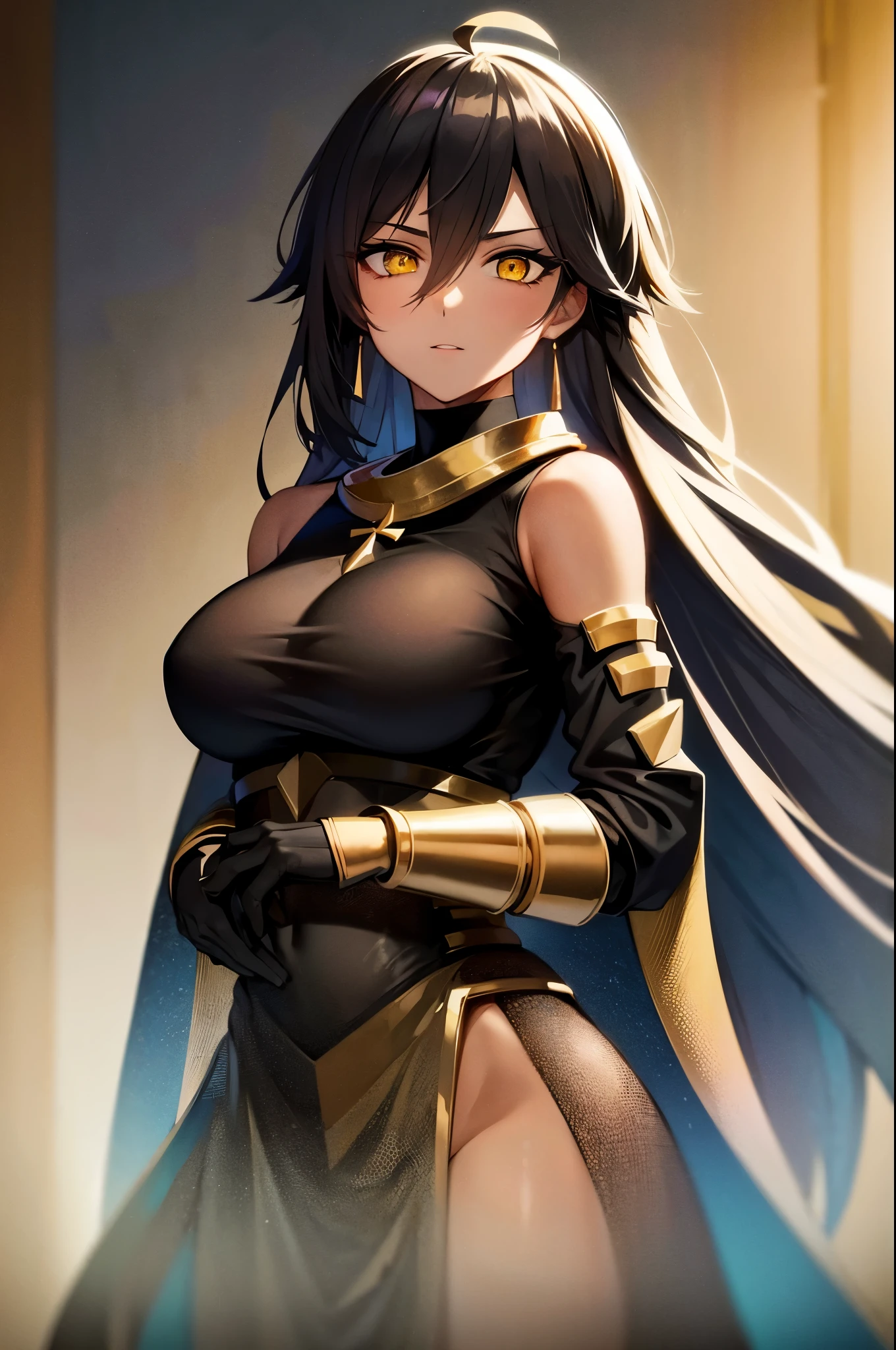 (masterpiece), best quality, expressive eyes, perfect face, highres, (female1.5), 1 girl, solo, ozymadias (fate), yellow eyes, dark-skinned female, hair between eyes, ahoge:1.4), black hair, black gloves, white cape, earrings, jewelry, black gloves, golden gauntlets, waist fauld, standing, upper body portrait, looking at the viewer
