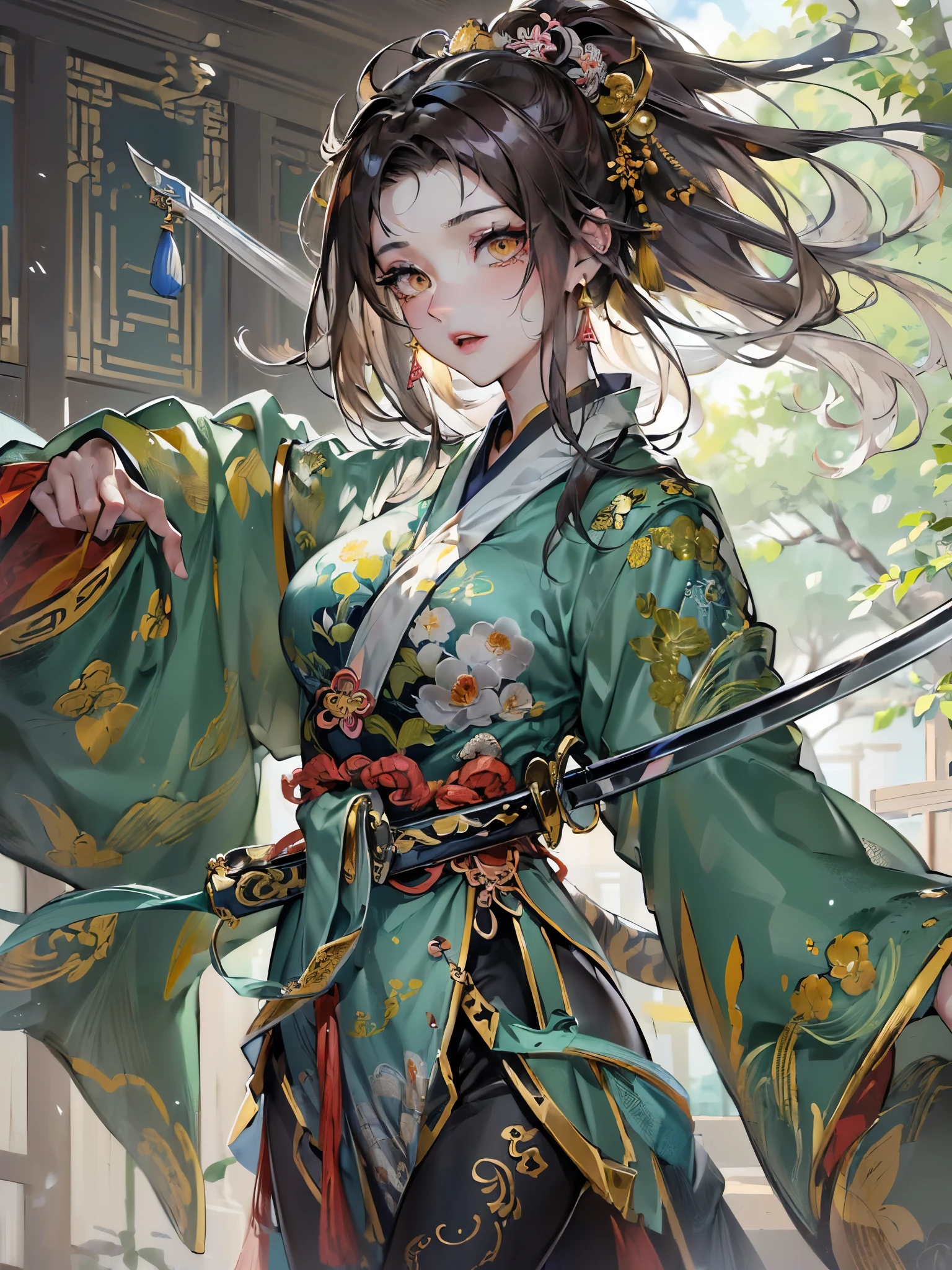 ((highest quality)),(ultra high resolution),(Super detailed),(detailed description),((best CG)),(best work of art),super precision art,great drawing art,(Chinese-style fantasy art with precise details:1.5), (Female Swordsman:1.6),(beautiful and well-shaped face:1.5),(light makeup:1.5),(teardrop shaped earrings:1.4),full of confidence々:1.6,(Slender sword:1.6),dynamic pose:1.5,(Finely detailed Hufuku:1.7,詳細に描写されたTigerの刺繡:1.7),Kung Fu Shoes:1.3, (dragon, Tiger), A sky filled with dark clouds:1.4