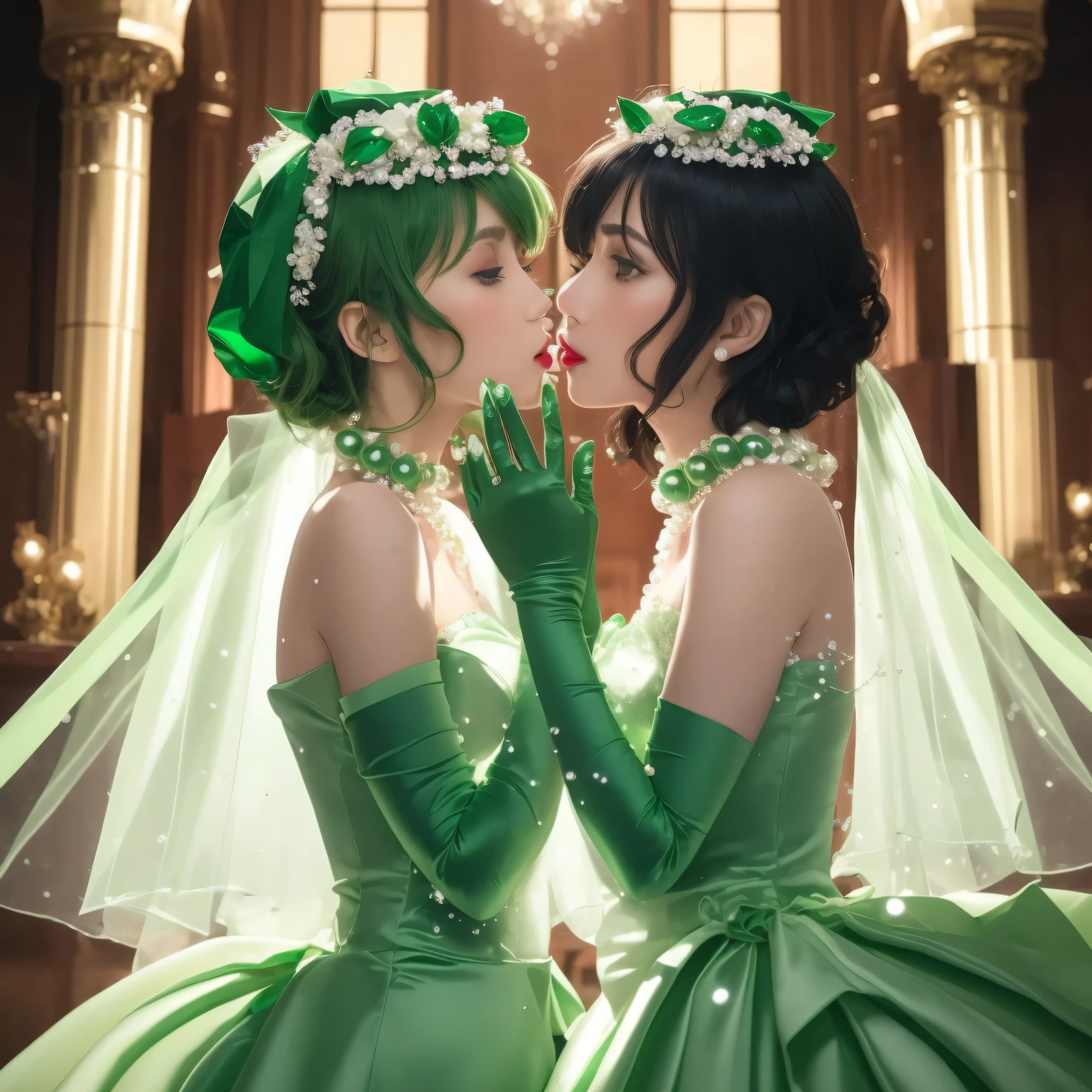 Green Satin Long Gloves, green one piece, Green shorthair, lipstick, kiss, bride, green pearl necklace, 緑のbride,Green Satin Long Gloves, Green Bridal Veil, Green shorthair, lipstick, kiss, bride, green pearl necklace, 緑のbride, lesbian, green eyes, emerald tiara, emerald earrings