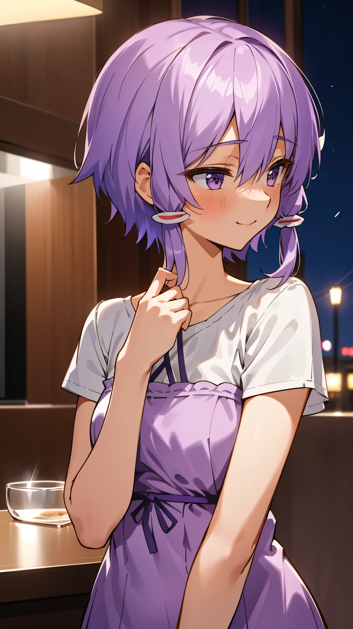 Yuitsuki Yukari、18-year-old、Slender body type、smile、blush、profile、Light purple hair、short hair、(hair between eyes)、upper body close-up、Cafe at night