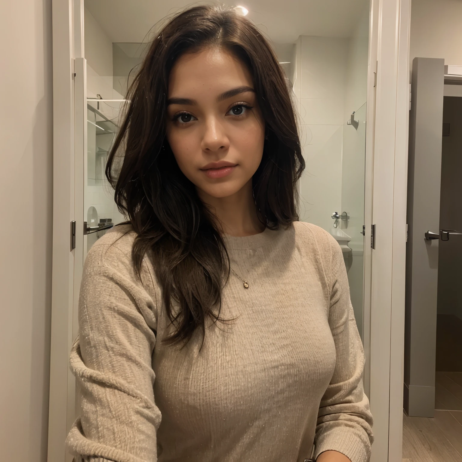 a selfie of a light skinned woman with dark hair, taken with iphone camera