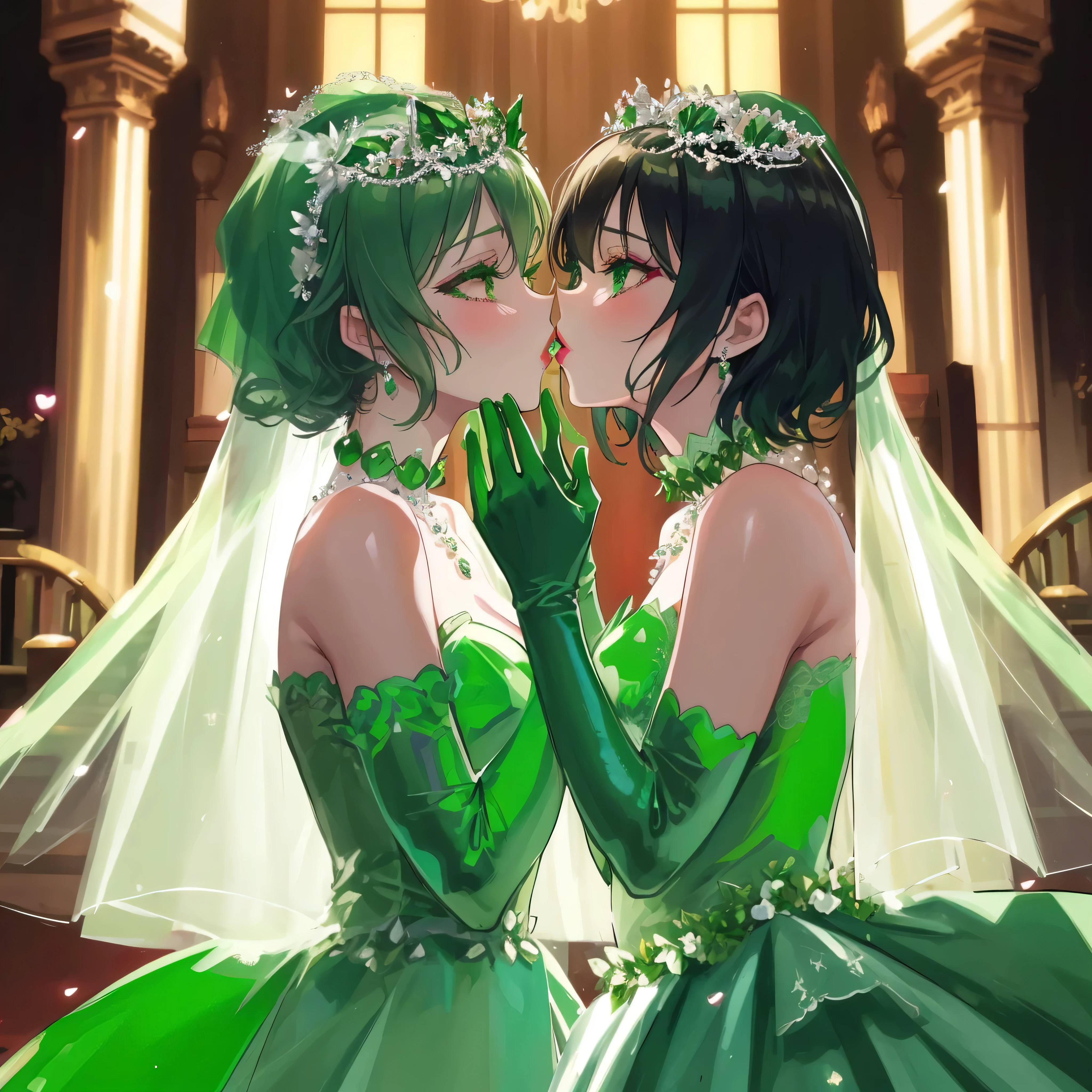 Green Satin Long Gloves, green one piece, Green shorthair, lipstick, kiss, bride, green pearl necklace, 緑のbride,Green Satin Long Gloves, Green Bridal Veil, Green shorthair, lipstick, kiss, bride, green pearl necklace, 緑のbride, lesbian, green eyes, emerald tiara, emerald earrings