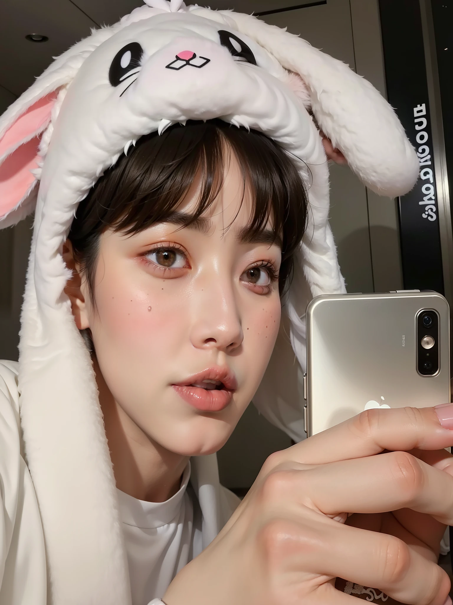 Araffe wearing a white bunny hat taking a selfie, Jungkook, adorable and pale korean face, cai xukun, profile picture with headshot, Jung Jaehyun, taejune kim, Kim Doyoung, Jinyoung Shin, with long drooping rabbit ears, com orelhas de coelho, sakimichan, hyung tae, com grandes orelhas de coelho, Hong junho hyung, pintar ulzzang