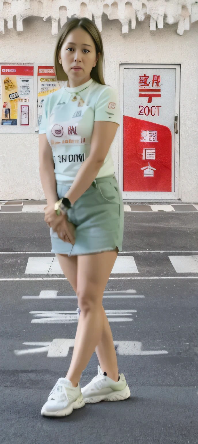 there is a woman standing in the middle of a street, standing in a parking lot, standing in road, standing in street, standing in the street, on a parking lot, standing on the street, casual pose, standing bravely on the road, standing on street corner, in front of a garage, set in tokyo bank parking lot, distorted pose