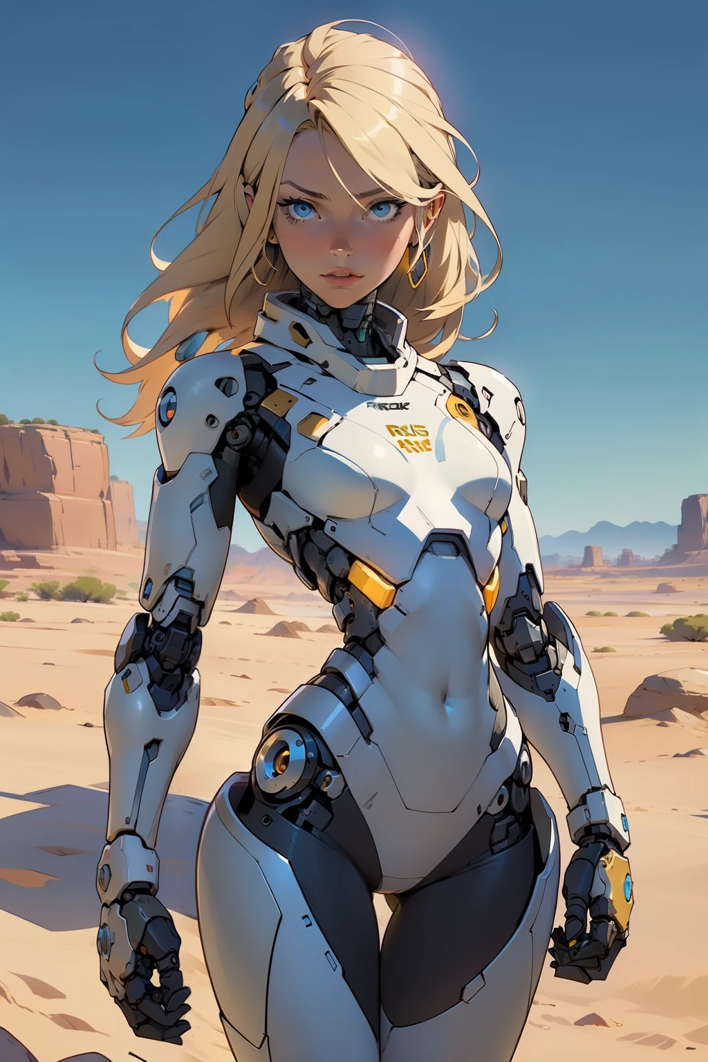 high quality, 4k, masterpiece, beautiful, cyborg girl, cowboy shot, dull eyes, looking at viewer, long blonde hair, girl, small breasts, slim thighs, robotic arms, robotic body, cyborg body, yellow accent, intricate detail, joint, detailed lines, robotic detail, holding fist up, holding hand up as fist, color robotic parts, robotic parts with color, perfect fingers, on a desert planet, sunny background, colorful desert, a river or a lake in the background