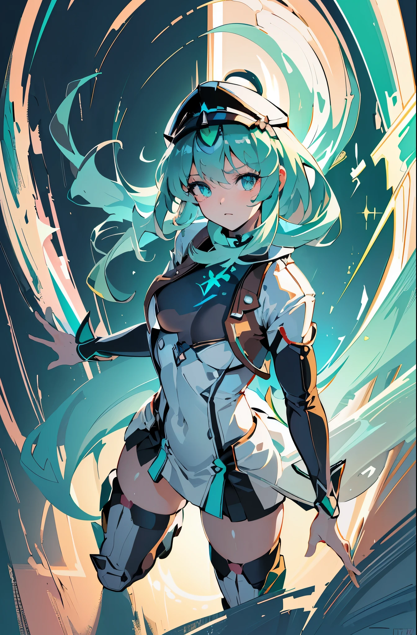 Anime, Girl, (((1girl))), (((Waifu, Xenoblade Chronicles 2, Pneuma Waifu))), (((Seafoam Green Hair, Long Hair))), ((Seafoam Green Eyes eyes:1.3, Upturned Eyes: 1, Perfect Eyes, Beautiful Detailed Eyes, Gradient eyes: 1, Finely Detailed Beautiful Eyes: 1, Symmetrical Eyes: 1, Big Highlight On Eyes: 1.2)), (((Lustrous Skin: 1.5, Bright Skin: 1.5, Skin Fair, Shiny Skin, Very Shiny Skin, Shiny Body, Plastic Glitter Skin, Exaggerated Shiny Skin, Illuminated Skin))), (Detailed Body, (Detailed Face)), Young, Idol Pose, (Best Quality), Techwear, (((Military Uniform))), (((Military Cap))), (((Military Coat))), (((Thigh-high Heeled Boots))), (((Holding Rapier))), (((Holding Handgun))), High Resolution, Sharp Focus, Ultra Detailed, Extremely Detailed, Extremely High Quality Artwork, (Realistic, Photorealistic: 1.37), 8k_Wallpaper, (Extremely Detailed CG 8k), (Very Fine 8K CG), ((Hyper Super Ultra Detailed Perfect Piece)), (((Flawlessmasterpiece))), Illustration, Vibrant Colors, (Intricate), High Contrast, Selective Lighting, Double Exposure, HDR (High Dynamic Range), Post-processing, Background Blur