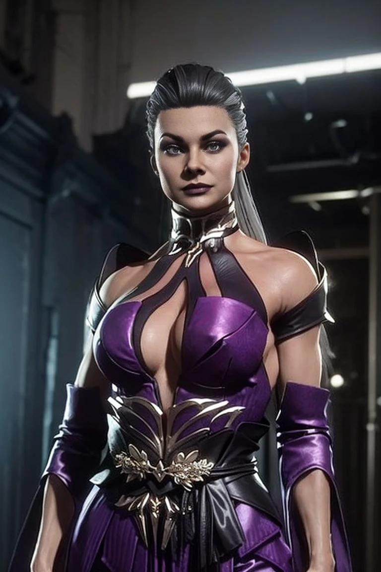 Mortal Kombat 11: Aftermath, elegant, flawless face, perfect skin, Sindel, gray hair, Sidel Hair, long pulled back hair, long slicked back hair, multicolored hair, purple and black Sindel Costume, in dark purple temple, large columns, dark, Pitch black night sky,Dynamic Posture, body healed, imposing expression,luxury, glamorous