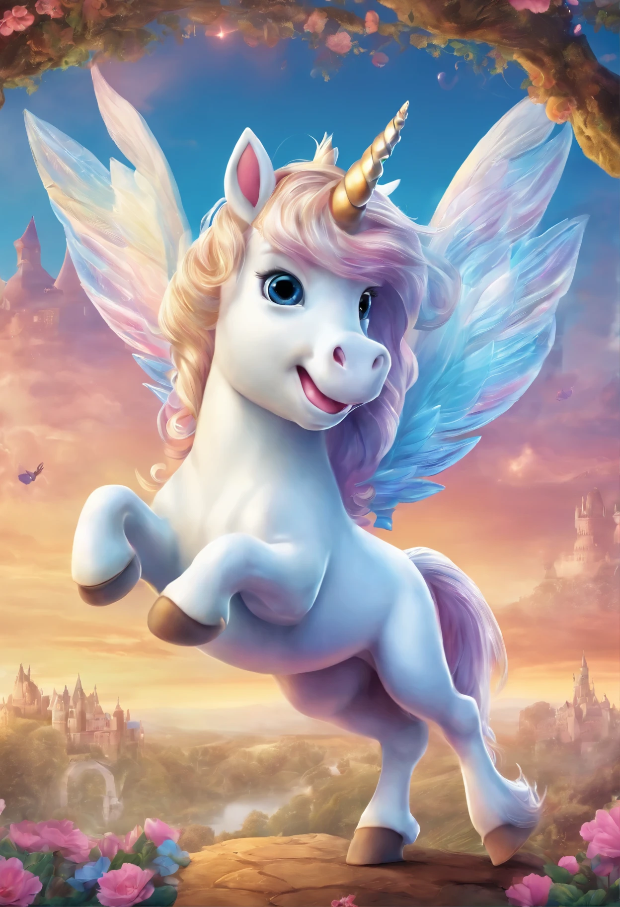 A very happy unicorn (with wings) in a magical scottish city (bursting with magic everywhere, and a castle in the background), caricature, extremely detailed, glamour photography, real estate photography, deep colors, earth tones, acidwave, comtemporary realism, fantasy, fairytale, rainbowcore
