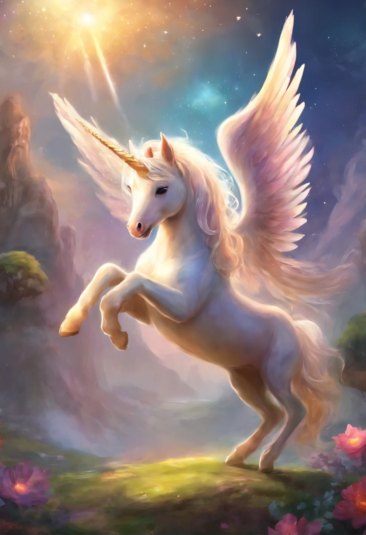 A very happy unicorn (with wings) in a magical scottish city (bursting with magic everywhere, and a castle in the background), caricature, extremely detailed, glamour photography, real estate photography, deep colors, earth tones, acidwave, comtemporary realism, fantasy, fairytale, rainbowcore