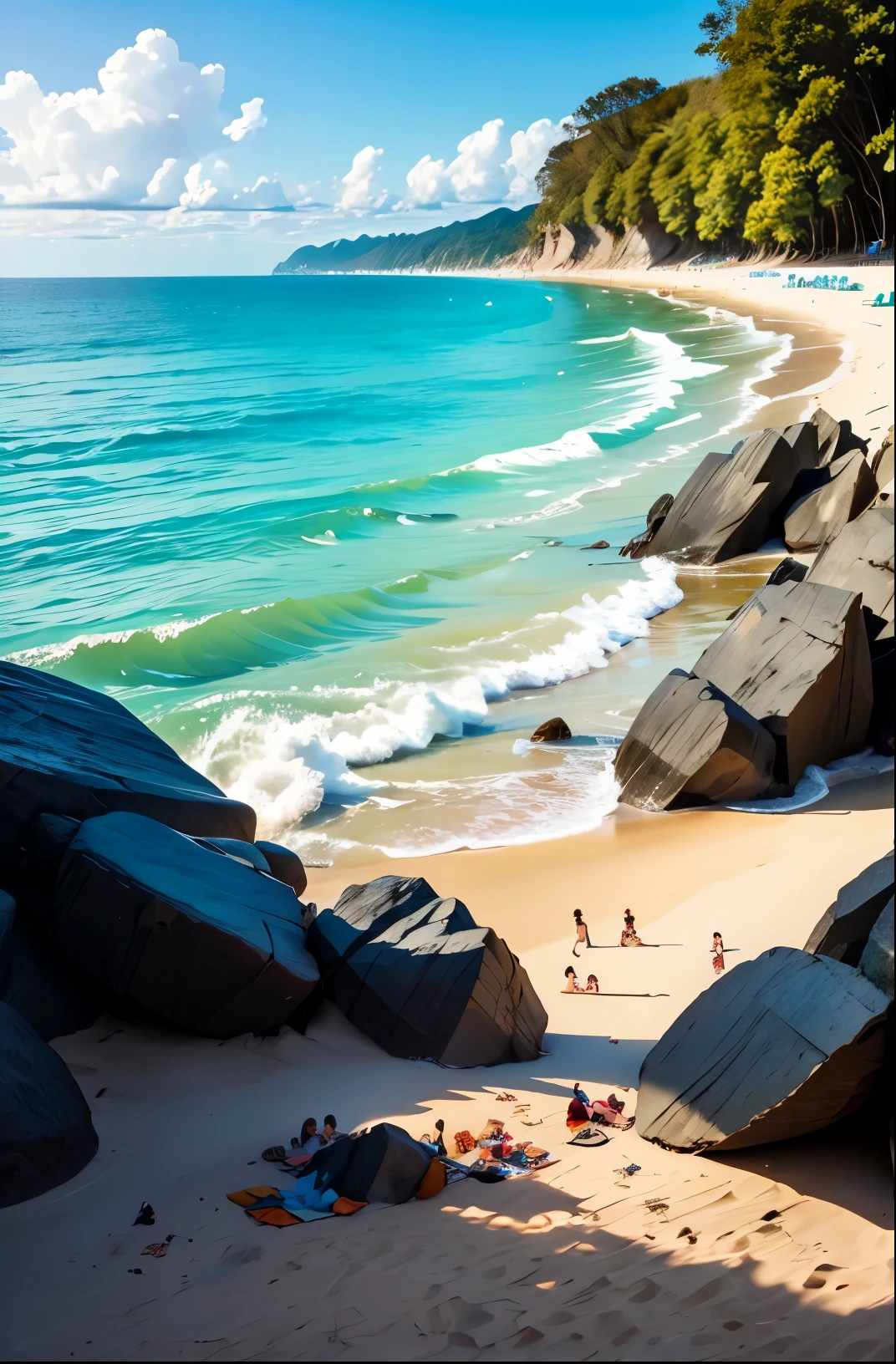 A beach with tiny people sunbathing and swimming, far off, view from ground level