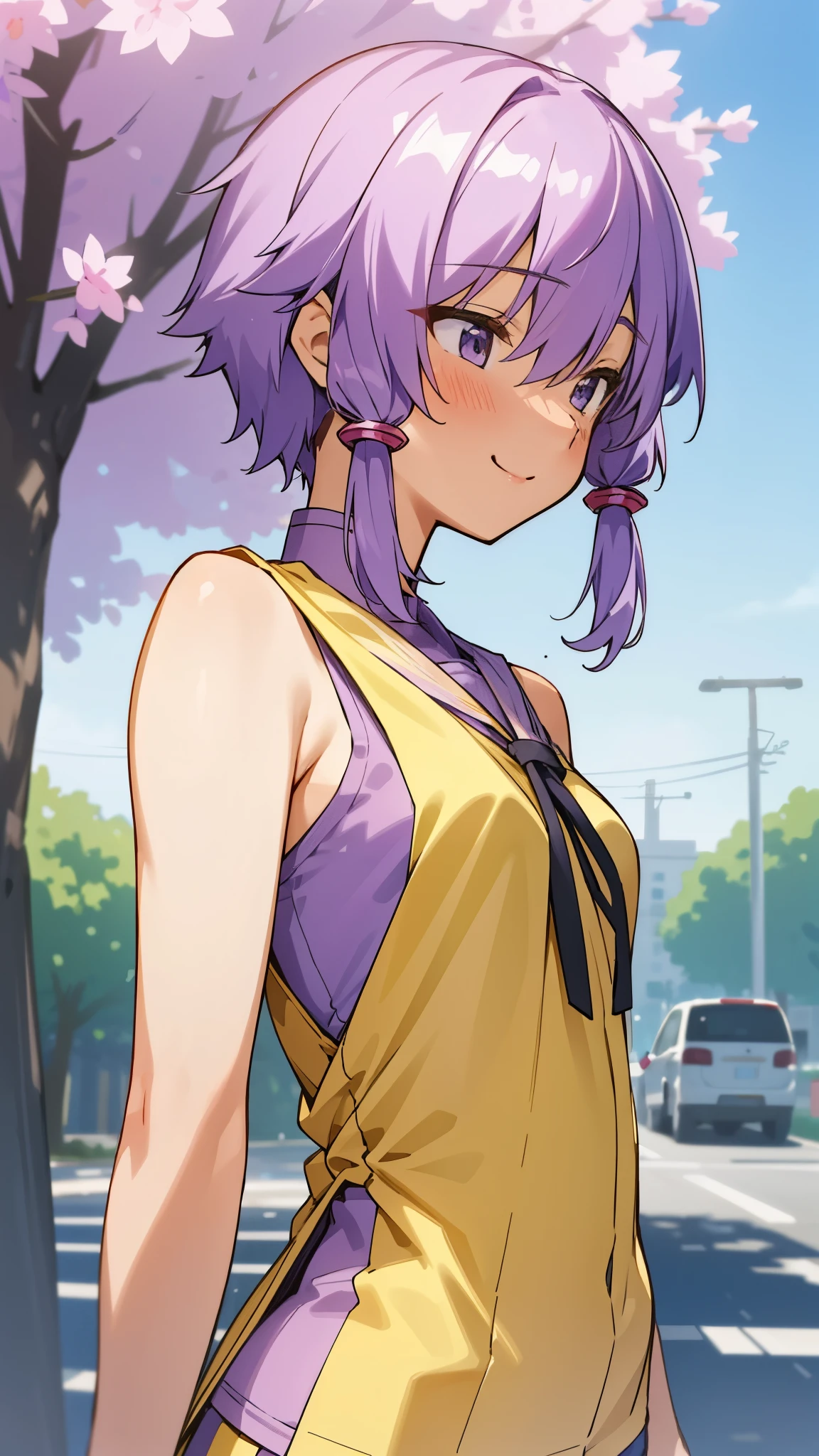 Yuitsuki Yukari、18-year-old、Slender body type、smile、blush、profile、Light purple hair、short hair、(hair between eyes)、upper body close-up、daytime、under the street tree、yellow tight sleeveless uniform、tight shorts、muste piece、high resolution、4K