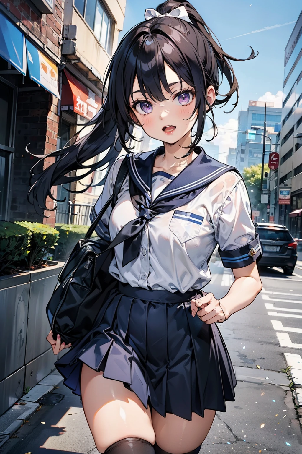 body 8 times longer than head, (Highly detailed CG unity 8k), (highest quality),(very detailed),(ultra high resolution), black hair, navy blue sailor uniform, Dark blue skirt, navy blue sailor uniformを着た女子高生, Anime 2D rendering, realistic young anime high school girl, (White headband), purple eyes, small breasts, tall, slanted eyes, school scenery, black stockings, bright color, open your mouth a little, ponytail, Tie your hair with a white ribbon, sprinting at full speed, 揺れるponytail,
