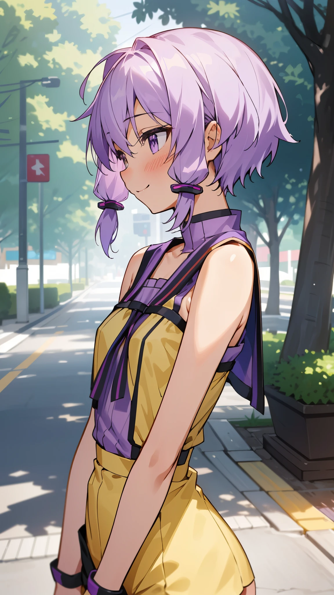 Yuitsuki Yukari、18-year-old、Slender body type、smile、blush、profile、Light purple hair、short hair、(hair between eyes)、upper body close-up、daytime、under the street tree、yellow tight sleeveless uniform、tight shorts、muste piece、high resolution、4K