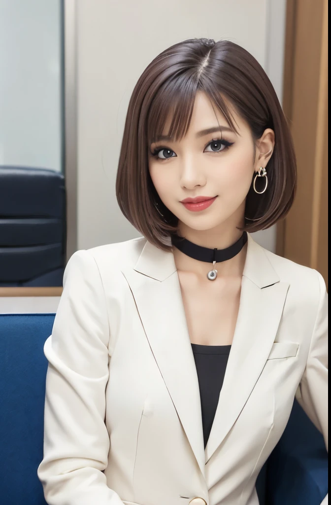 sculpture model、goddess smile(table top), (highest quality),bob cut,　Adult makeup,eye shadow,eyeliner,Teardrop Bag Makeup,glossy lips,26 years old,white suit , realistic pictures , office　, black choker , blue eyes , big breasts,bangs,Photographed from the front,parlor,Ring earrings,smile,full body photo,shirt,red lip,VIP Lounges,