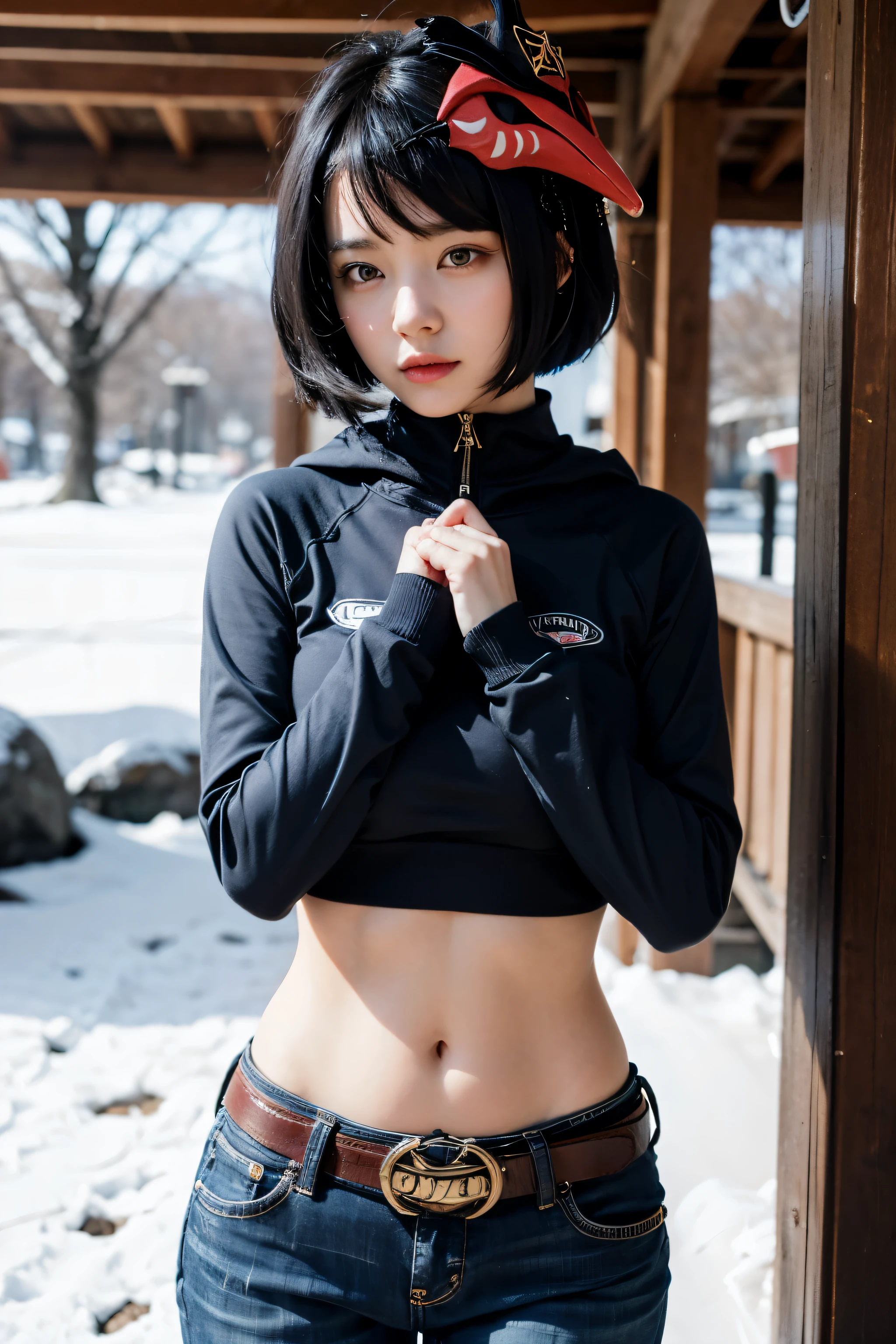 1girl, ((long sleeved puffer parka with gold trim, long dark blue jeans, gold belt)), ((midriff, navel)), looking at viewer, smile, mountains on background, garden, sit on stone, (cinematic lighting, best quality, masterpiece, high details, best quality, highres, HD, 4K, 8k, super detail), (kujou sara:1.3), mask on head, blue hair, sh9ort hair, yellow eyes