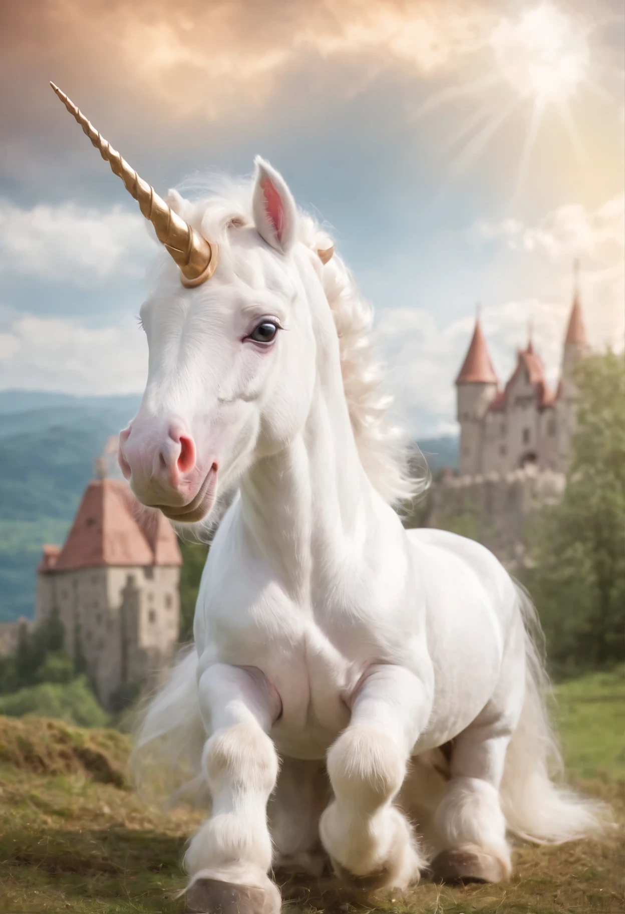 A very happy unicorn (with wings) in a magical scottish city (bursting with magic everywhere, and a castle in the background), caricature, extremely detailed, glamour photography, real estate photography, deep colors, earth tones, acidwave, comtemporary realism, fantasy, fairytale, rainbowcore