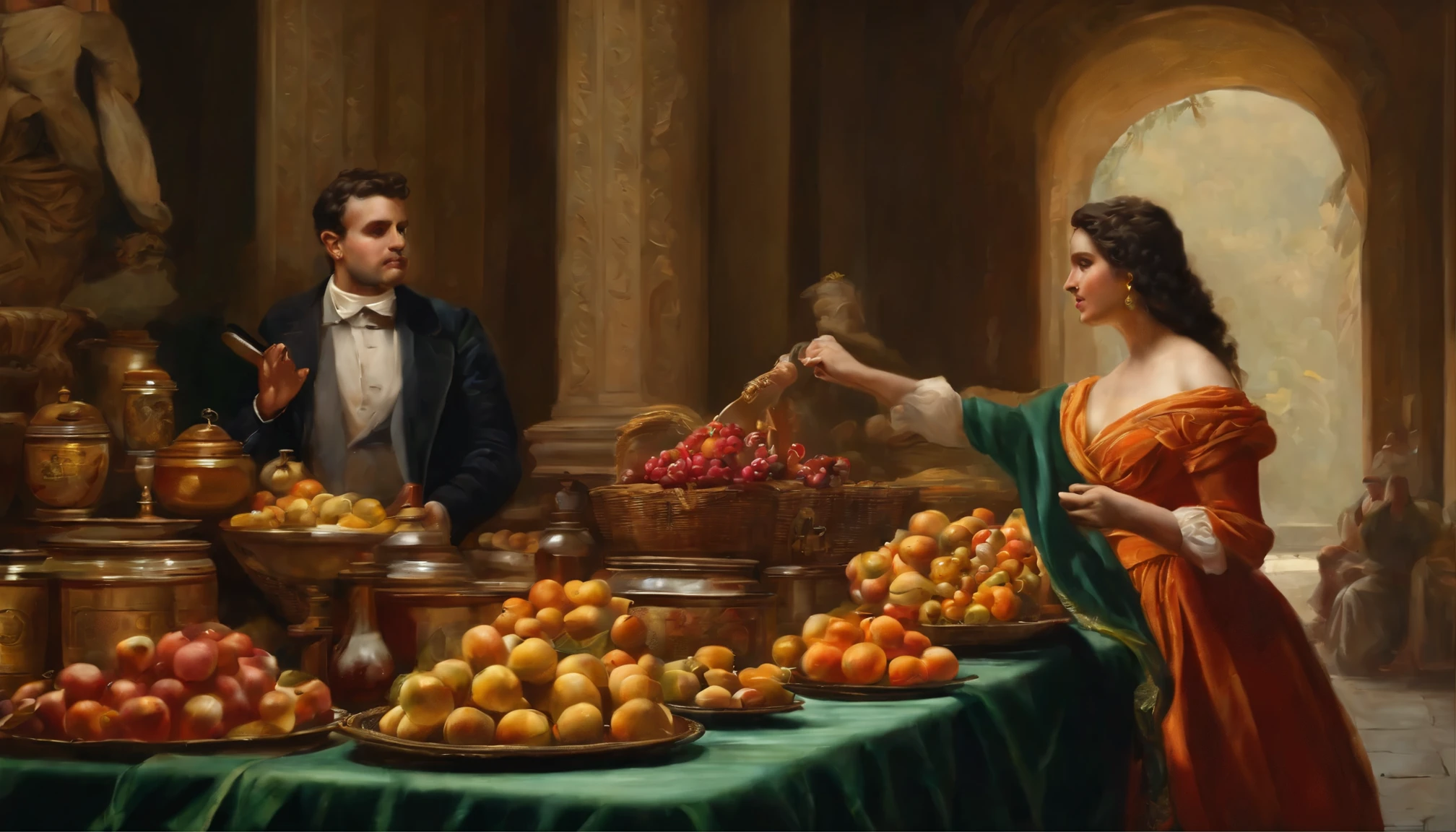 neoclassical oil person buying a product