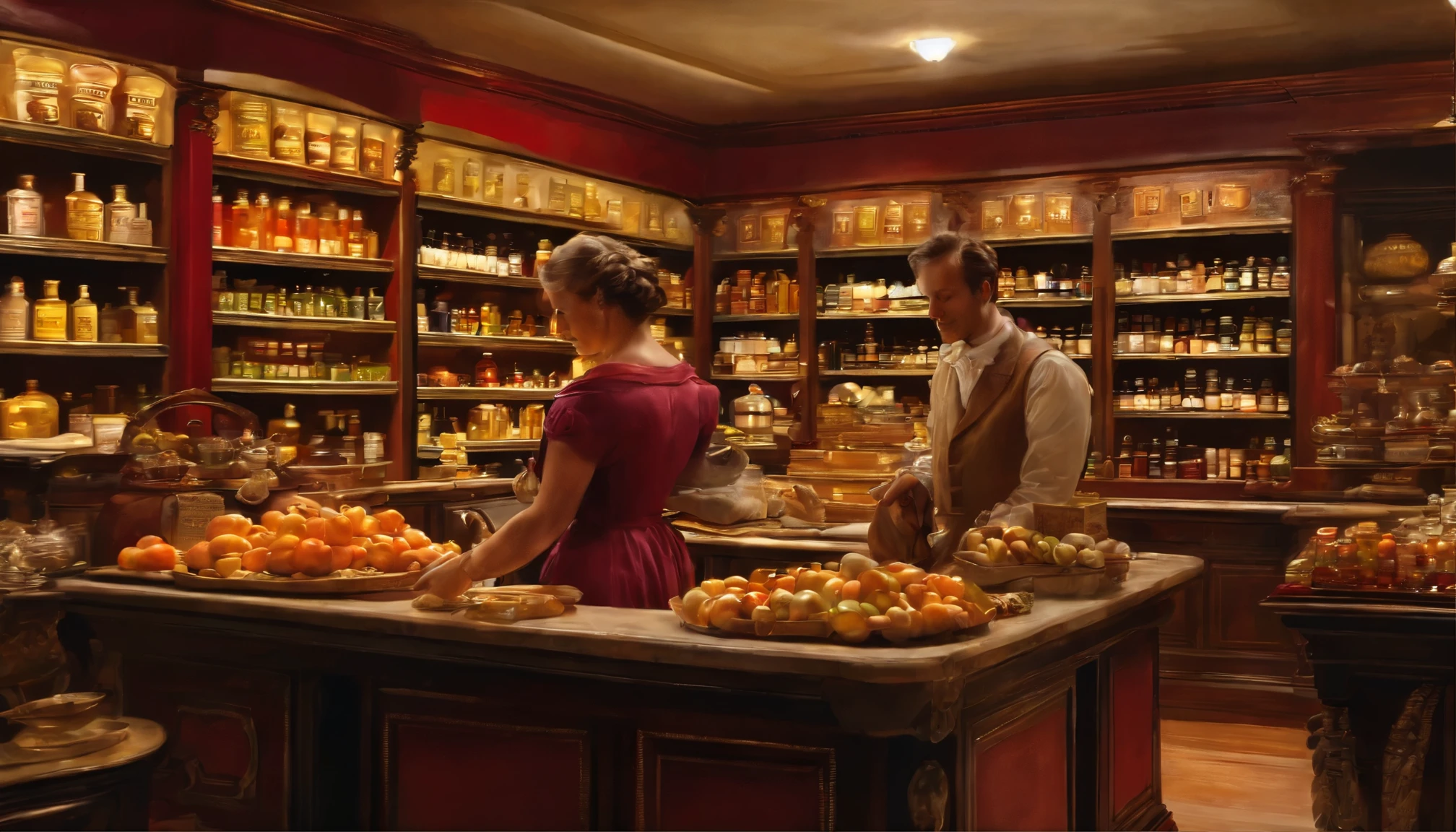 neoclassical oil person buying a product