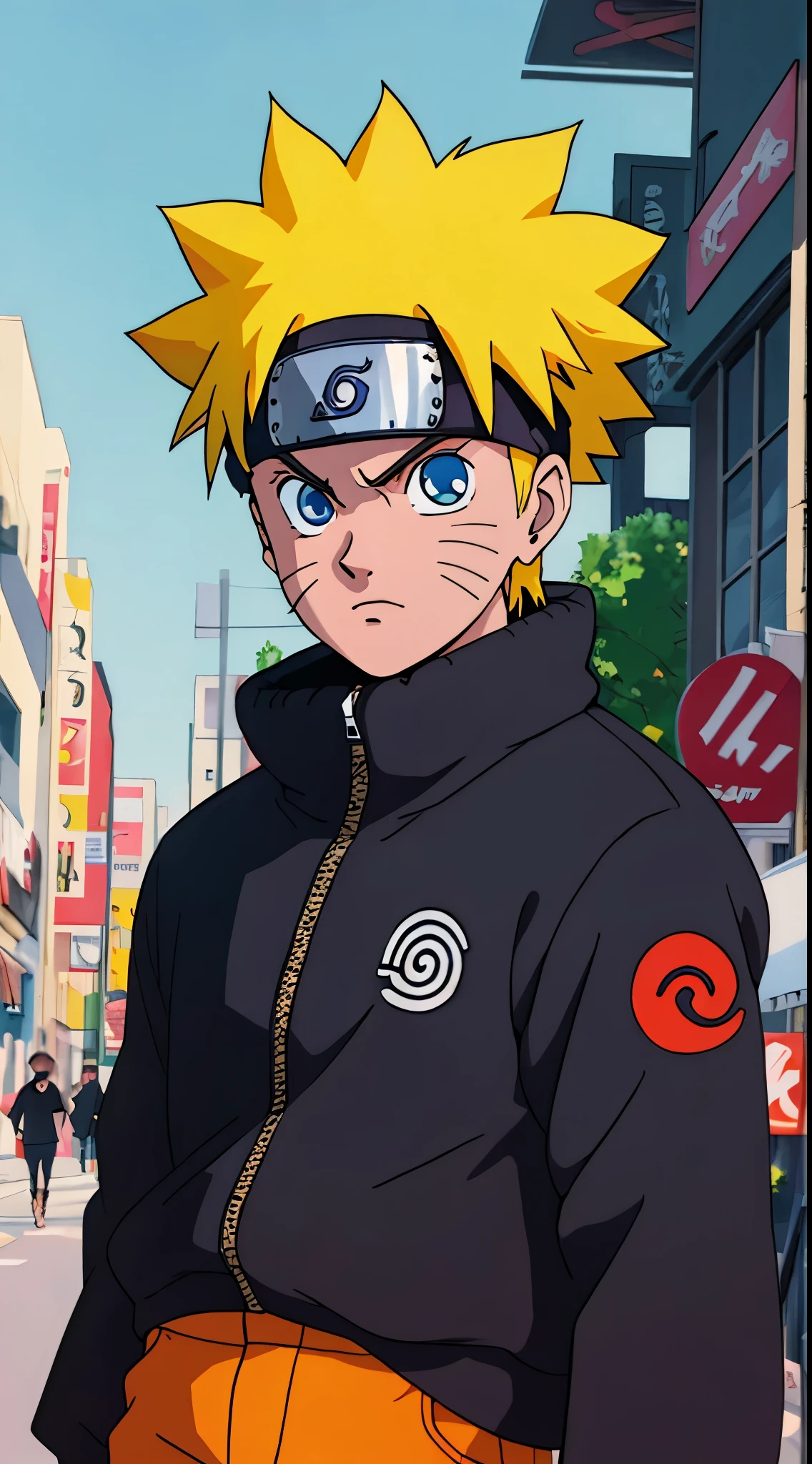 masterpiece, great style, street wear, outdoor, Half body, uzumaki naruto, blue eyes, yellow short hair,boy