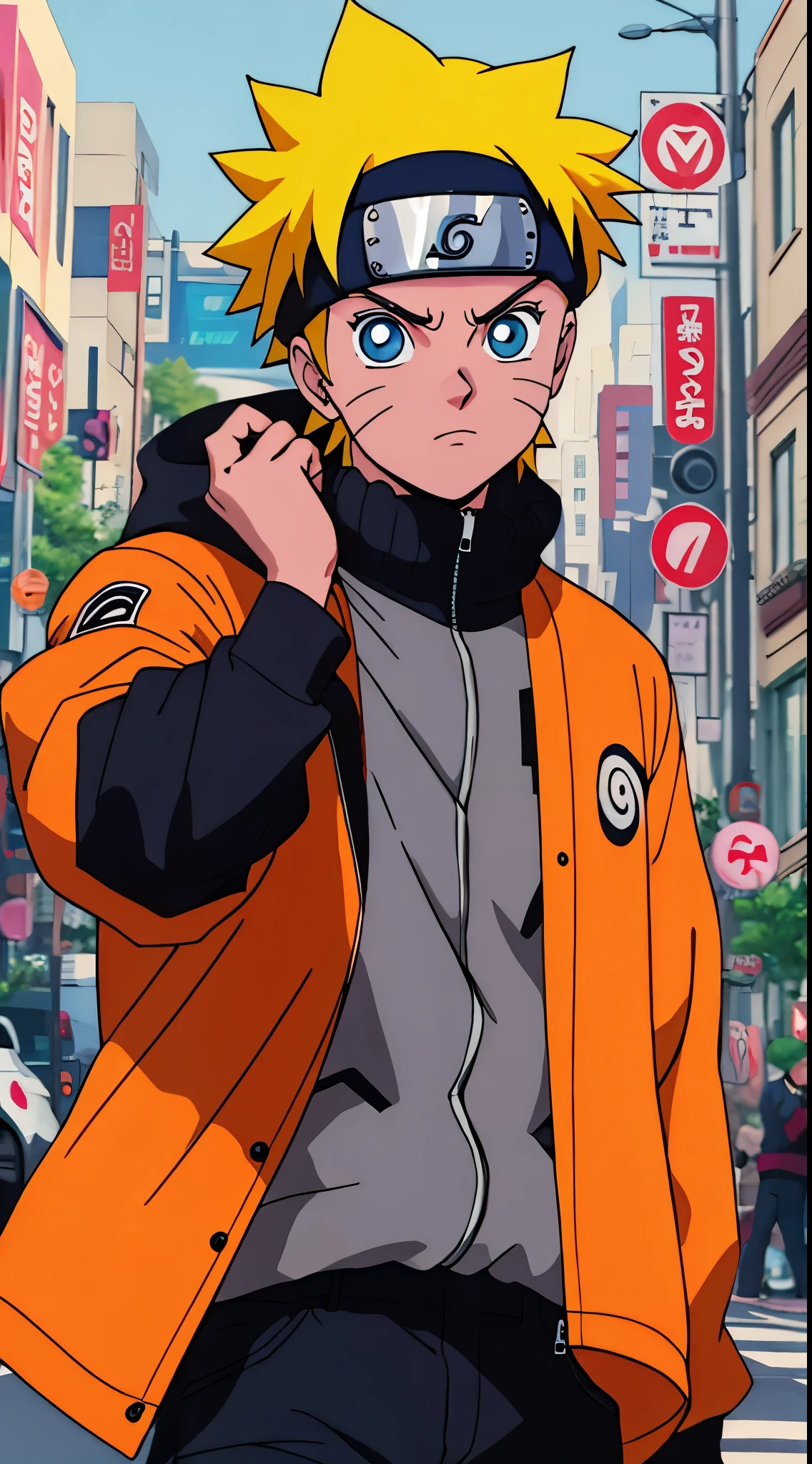 masterpiece, great style, street wear, outdoor, Half body, uzumaki naruto, blue eyes, yellow short hair,boy