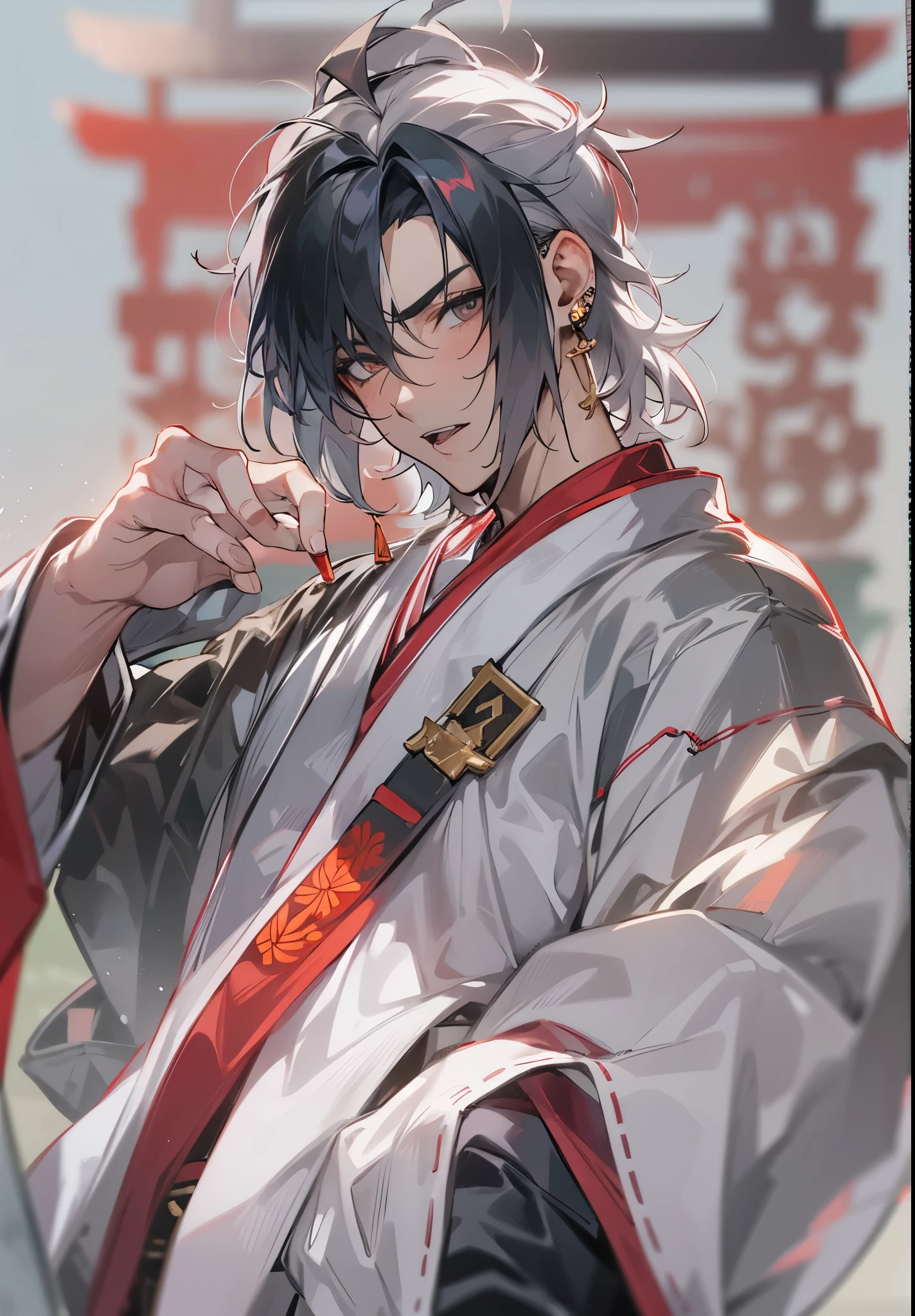 1male , Two-Toned Hair , White and Black Hair , Messy Hair , Short Hair, Large Ear Rings , Red Martial Arts Clothing , Black Baggy Pants , Red Haori, Grey Sash