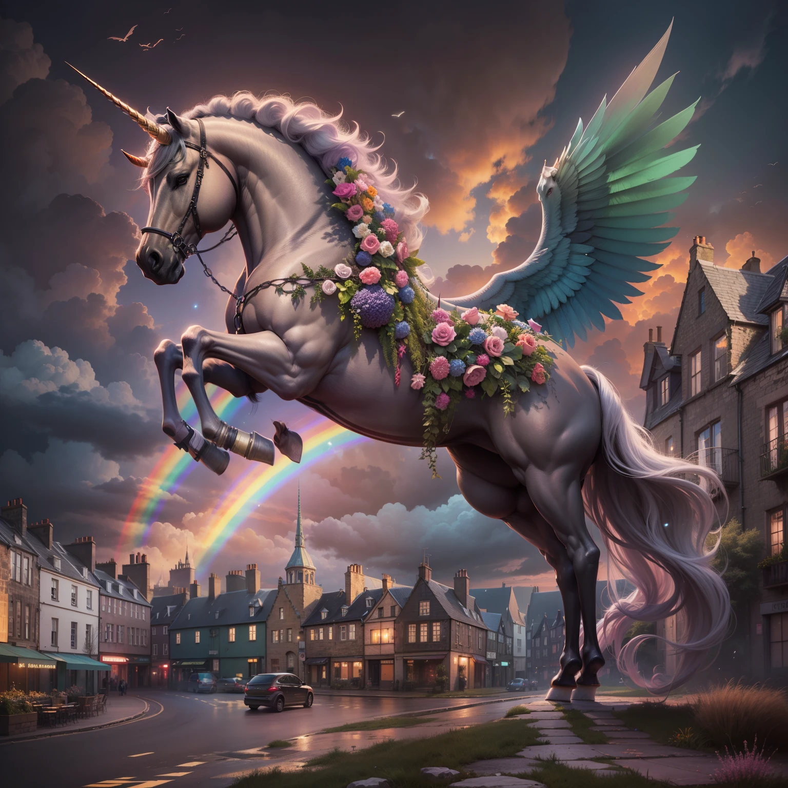 A very happy unicorn (with wings) in a magical scottish city (bursting with magic everywhere, and a castle in the background), caricature, extremely detailed, glamour photography, real estate photography, deep colors, earth tones, acidwave, comtemporary realism, fantasy, fairytale, rainbowcore