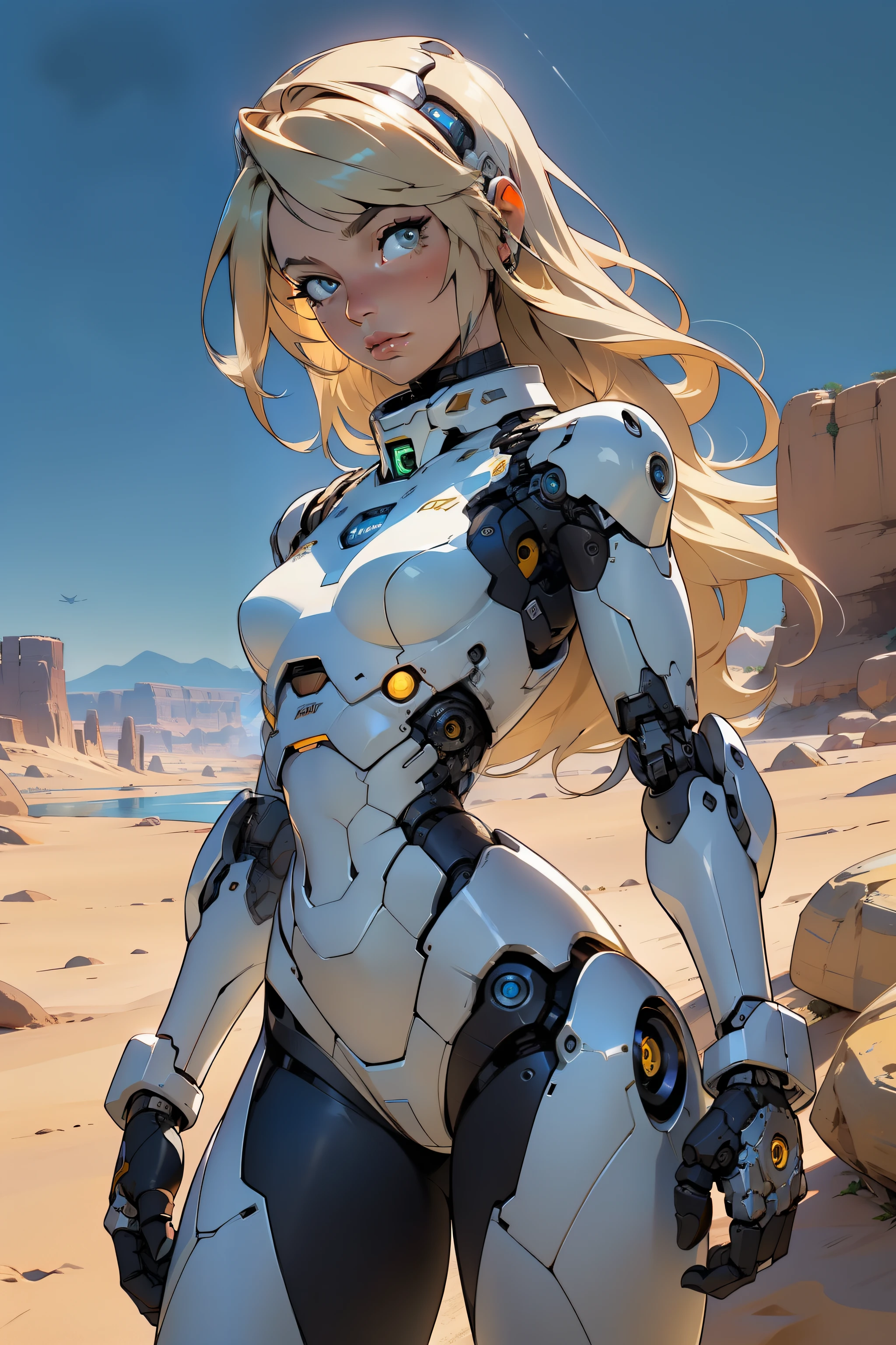 high quality, 4k, masterpiece, beautiful, cyborg girl, cowboy shot, dull eyes, looking at viewer, long blonde hair, girl, small breasts, slim thighs, robotic arms, robotic body, cyborg body, yellow accent, intricate detail, joint, detailed lines, robotic detail, holding fist up, holding hand up as fist, color robotic parts, robotic parts with color, perfect fingers, on a desert planet, sunny background, colorful desert, a river or a lake in the background
