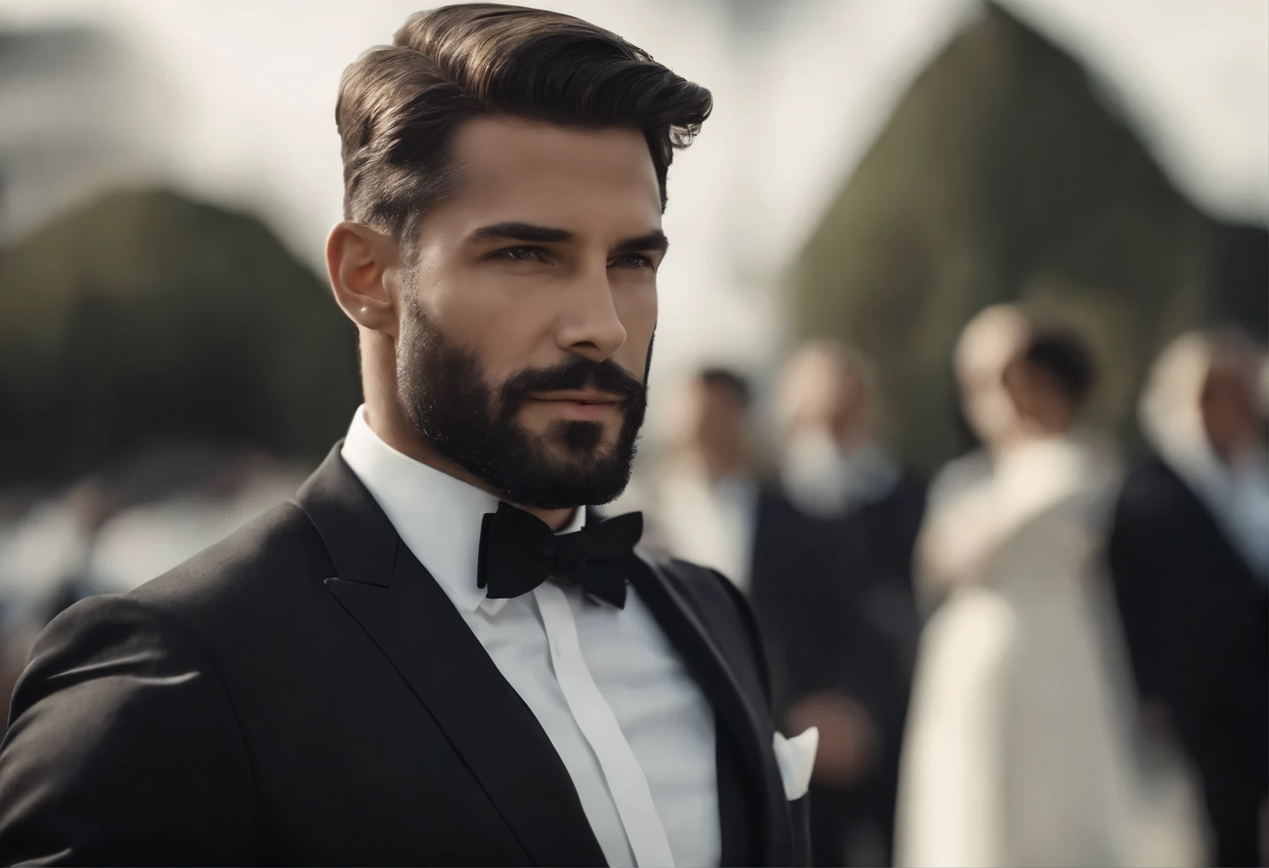 acima、Make a handsome man in his 30s in a black suit and tie, CEO, cabelos castanhos e barba, (Homem de terno preto e gravata), ), (Use barba,) Attractive and serious look, cabelo escuro curto, estiloso e elegante, Barbear suit-fit e corpo forte, (alta qualidade, Imagens realistas), Preto escuro e claro no fundo da imagem, estilo de filme, ((maximum quality, 8k, obra-prima), ultra high definition photo, (Rostos bonitos detalhados, detalhe da textura da pele, Corpo hiperdetalhado:1.1)