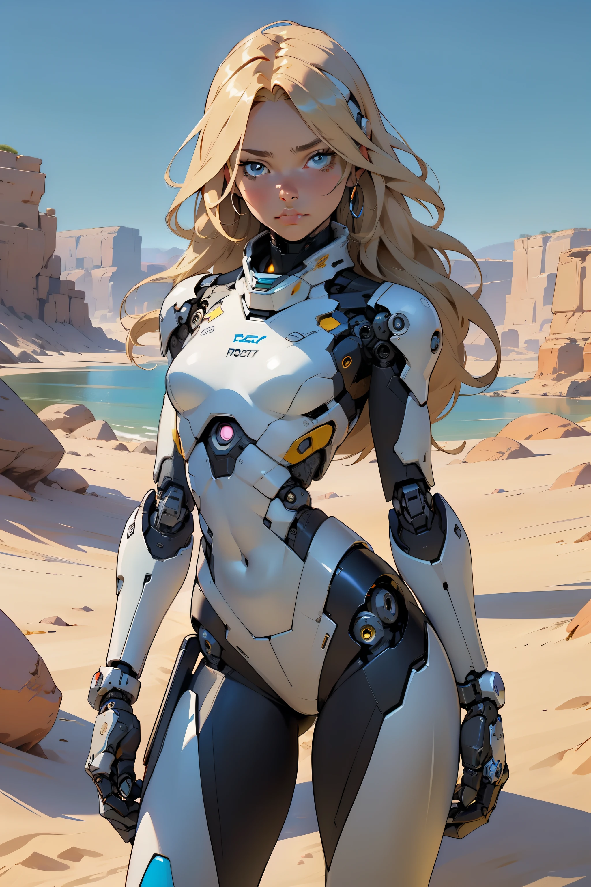high quality, 4k, masterpiece, beautiful, cyborg girl, cowboy shot, dull eyes, looking at viewer, long blonde hair, girl, small breasts, slim thighs, robotic arms, robotic body, cyborg body, yellow accent, intricate detail, joint, detailed lines, robotic detail, holding fist up, holding hand up as fist, color robotic parts, robotic parts with color, perfect fingers, on a desert planet, sunny background, colorful desert, a river or a lake in the background