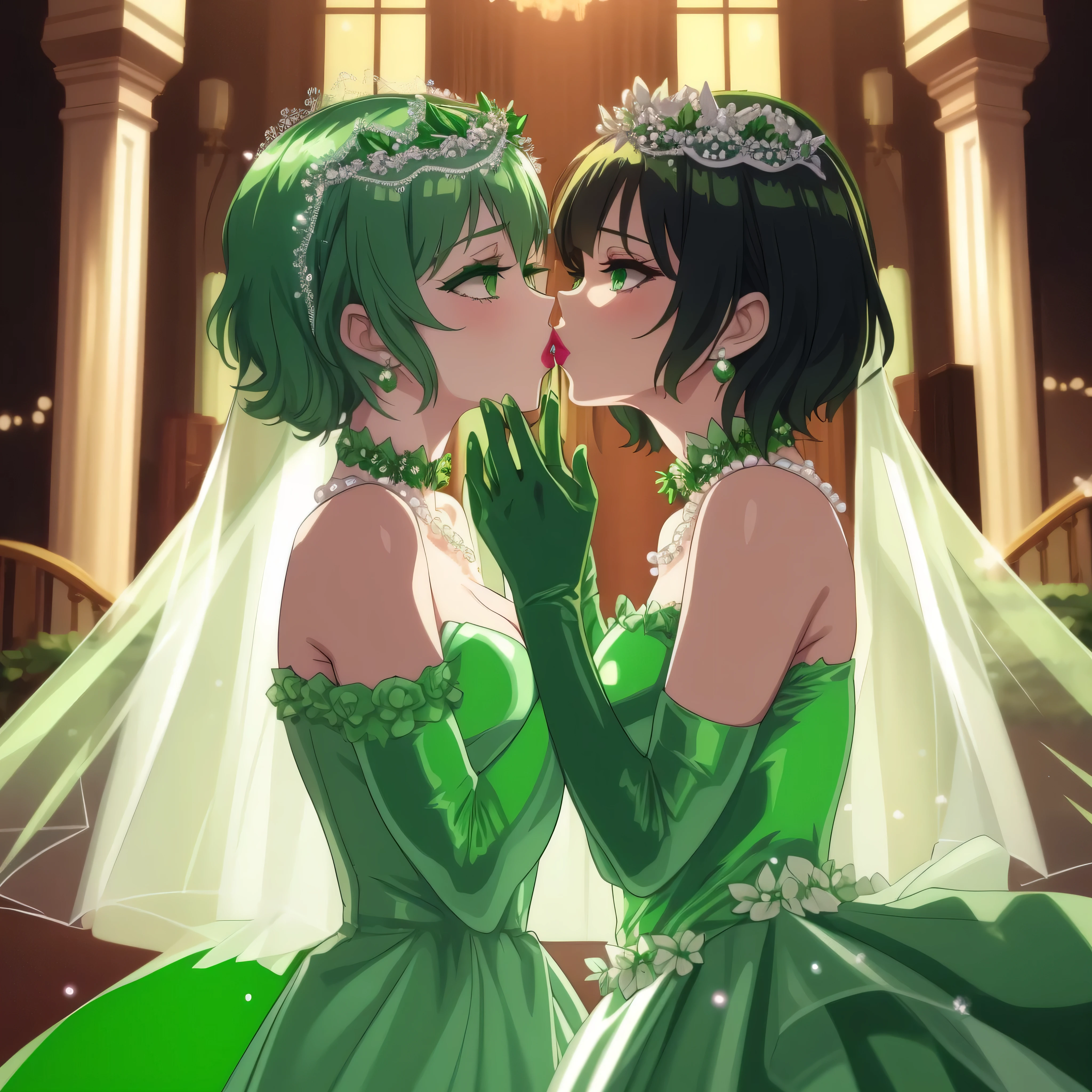 Green Satin Long Gloves, green one piece, Green shorthair, lipstick, kiss, bride, green pearl necklace, 緑のbride,Green Satin Long Gloves, Green Bridal Veil, Green shorthair, lipstick, kiss, bride, green pearl necklace, 緑のbride, lesbian, green eyes, emerald tiara, emerald earrings