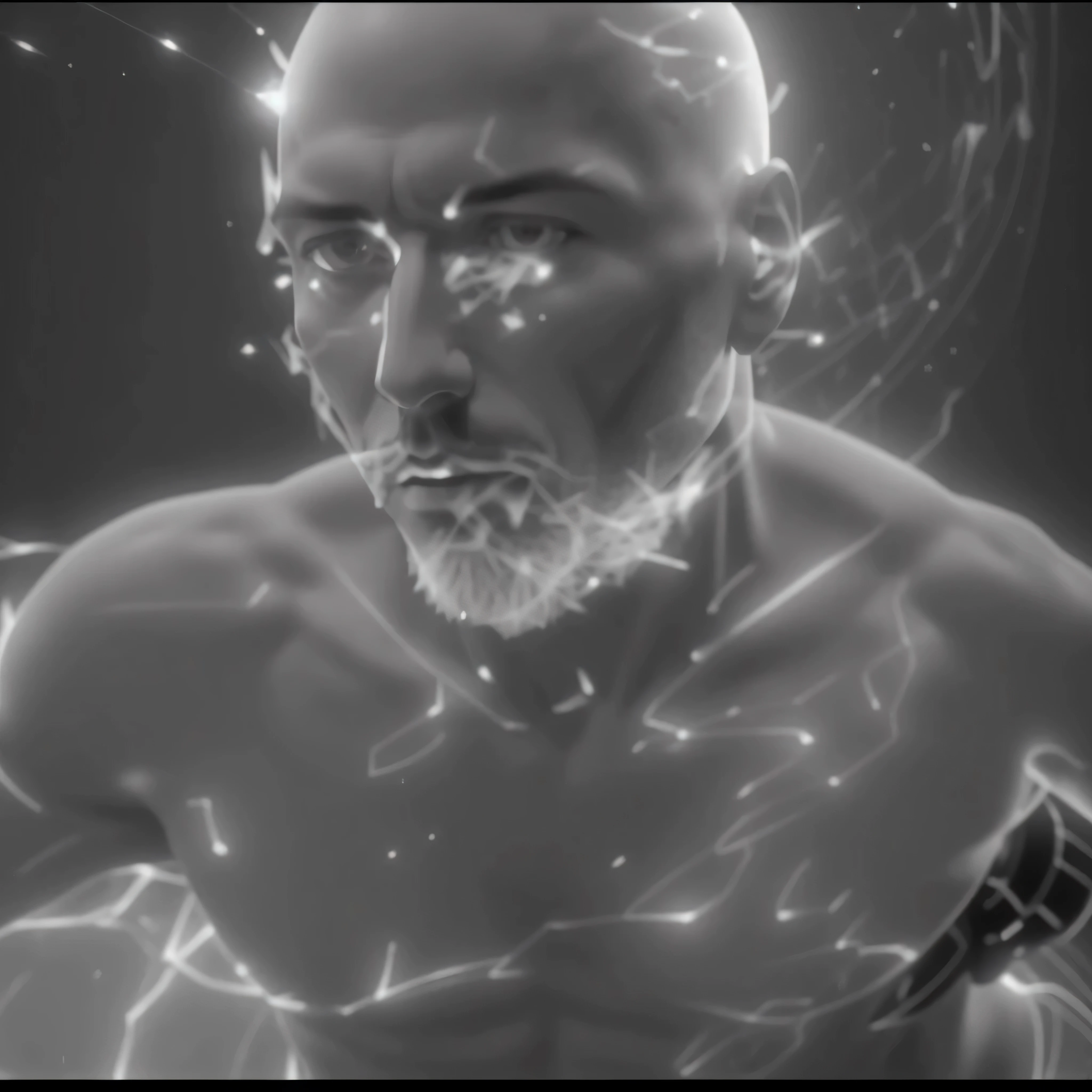 a close up of a man with a bald head and a beard, wearing epic bionic implants, houdini simulation, video still, quality astral projection render, stable diffusion self portrait, still from a music video, grainy black and white footage, cell shaded adult animation, sparse chest hair, extremely detailed man, inspired by Eugène Carrière