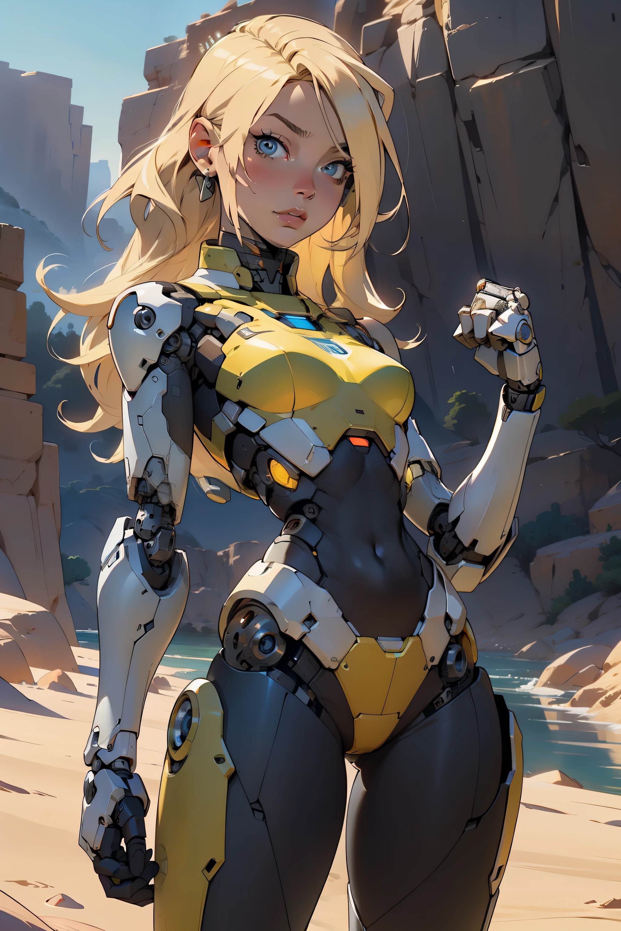 high quality, 4k, masterpiece, beautiful, cyborg girl, cowboy shot, dull eyes, looking at viewer, long blonde hair, girl, small breasts, slim thighs, robotic arms, robotic body, cyborg body, yellow accent, intricate detail, joint, detailed lines, robotic detail, holding fist up, holding hand up as fist, color robotic parts, robotic parts with color, perfect fingers, on a desert planet, sunny background, colorful desert, a river or a lake in the background