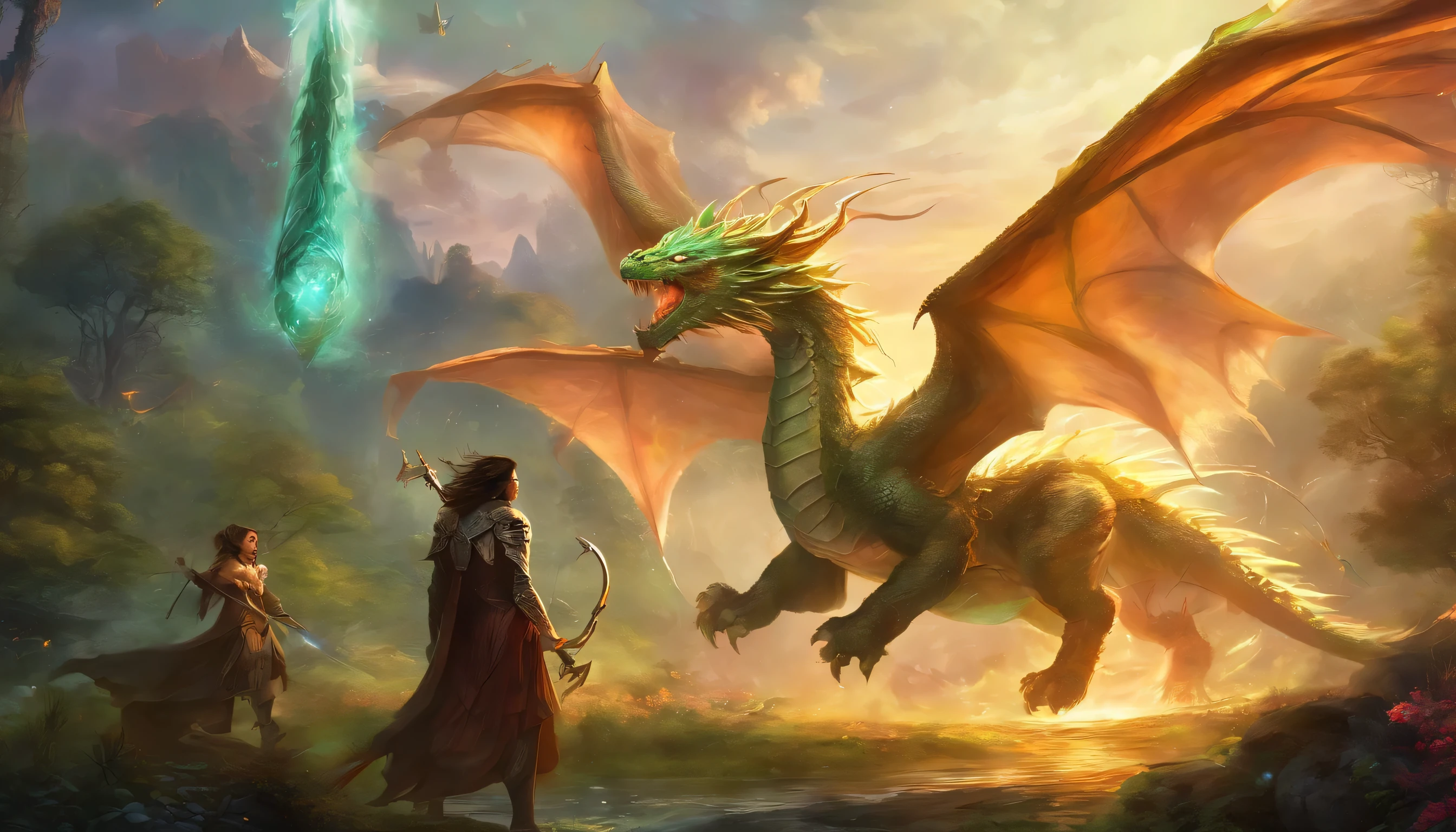 The hero signals with triumph, and companions attack with magical blasts and arrows. Focus on the wounded dragon amidst the enchanted forest, highlighting the magical elements and the dragon's vulnerability.