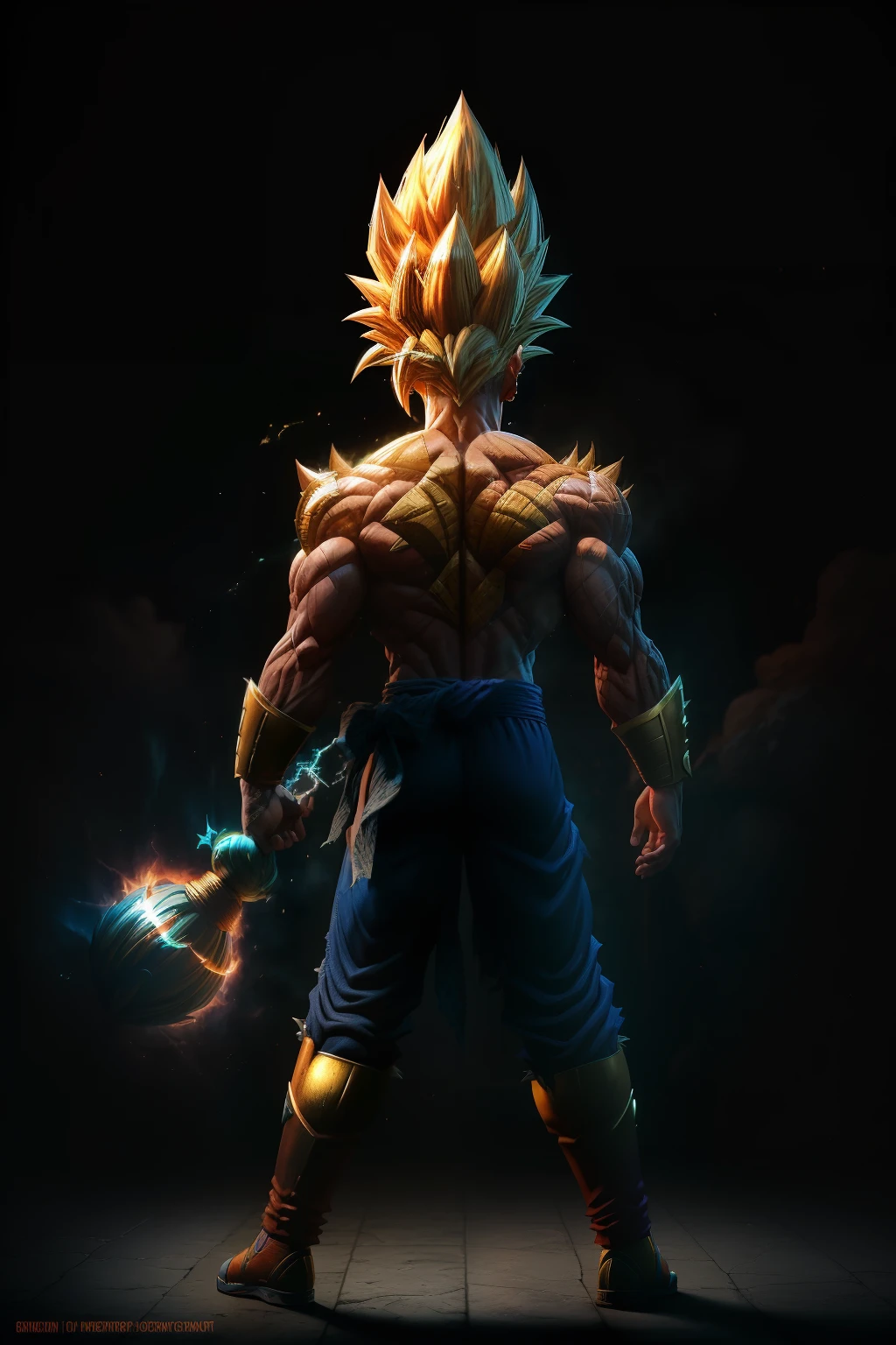 In this intricately detailed and ultra-realistic CG image, we present Gogeta, the formidable fusion of half Vegeta and half Goku, from the renowned Dragon Ball Z series, showcasing his powers of Ultra Instinct. Gogeta stands majestically with one foot planted on the ground, muscles rippling under his toned skin. His hair, a perfect blend of Vegeta's spiky green locks and Goku's messy yellow mop, cascades down his back, reaching well past his waist. His piercing golden eyes, a testament to his ancient Saiyan heritage, emit an intense aura of power and determination.
