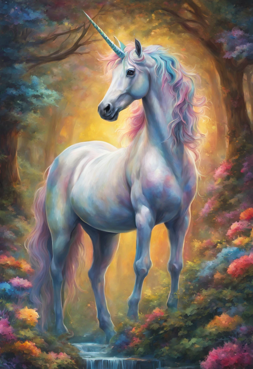 A majestic fantasy unicorn with sparkling rainbow-colored mane and tail, surrounded by a magical forest. The unicorn has a graceful appearance, with a long, slender horn that glows softly. Its eyes are mesmerizing and have a dreamy, ethereal quality. The unicorn's hooves are adorned with golden shimmer, and it has intricate, intricate patterns adorning its body. The unicorn is standing in a tranquil clearing, where vibrant flowers bloom in every hue imaginable. 

The artwork is created using a combination of traditional oil painting and intricate digital rendering techniques. The medium used is a blend of fine art and digital illustration, resulting in a mesmerizing mix of textures and details. 

The image quality is of the highest standard, with exquisite attention to detail and resolution. The final piece is a stunning, ultra-detailed masterpiece that captures the essence of magic and fantasy. The colors are vibrant and vivid, with a touch of surrealism to enhance the fantastical ambiance. 

The lighting in the scene is soft and gentle, casting a warm glow on the unicorn and its surroundings. The sunlight filters through the canopy of trees, creating a mesmerizing interplay of light and shadows. The overall effect is dreamlike and enchanting, transporting viewers to a whimsical world filled with beauty and wonder.

[Unicorn] [fantasy animal] [majestic] [rainbow-colored mane] [magical forest] [graceful] [long horn] [ethereal eyes] [golden shimmer] [intricate patterns] [tranquil clearing] [vibrant flowers] [oil painting] [digital rendering] [fine art] [detailed masterpiece] [vivid colors] [surrealism] [soft lighting] [warm glow] [dreamlike] [whimsical]

(best quality, 4k, highres, masterpiece:1.2), ultra-detailed, (realistic, photorealistic:1.37), vibrant colors, soft lighting