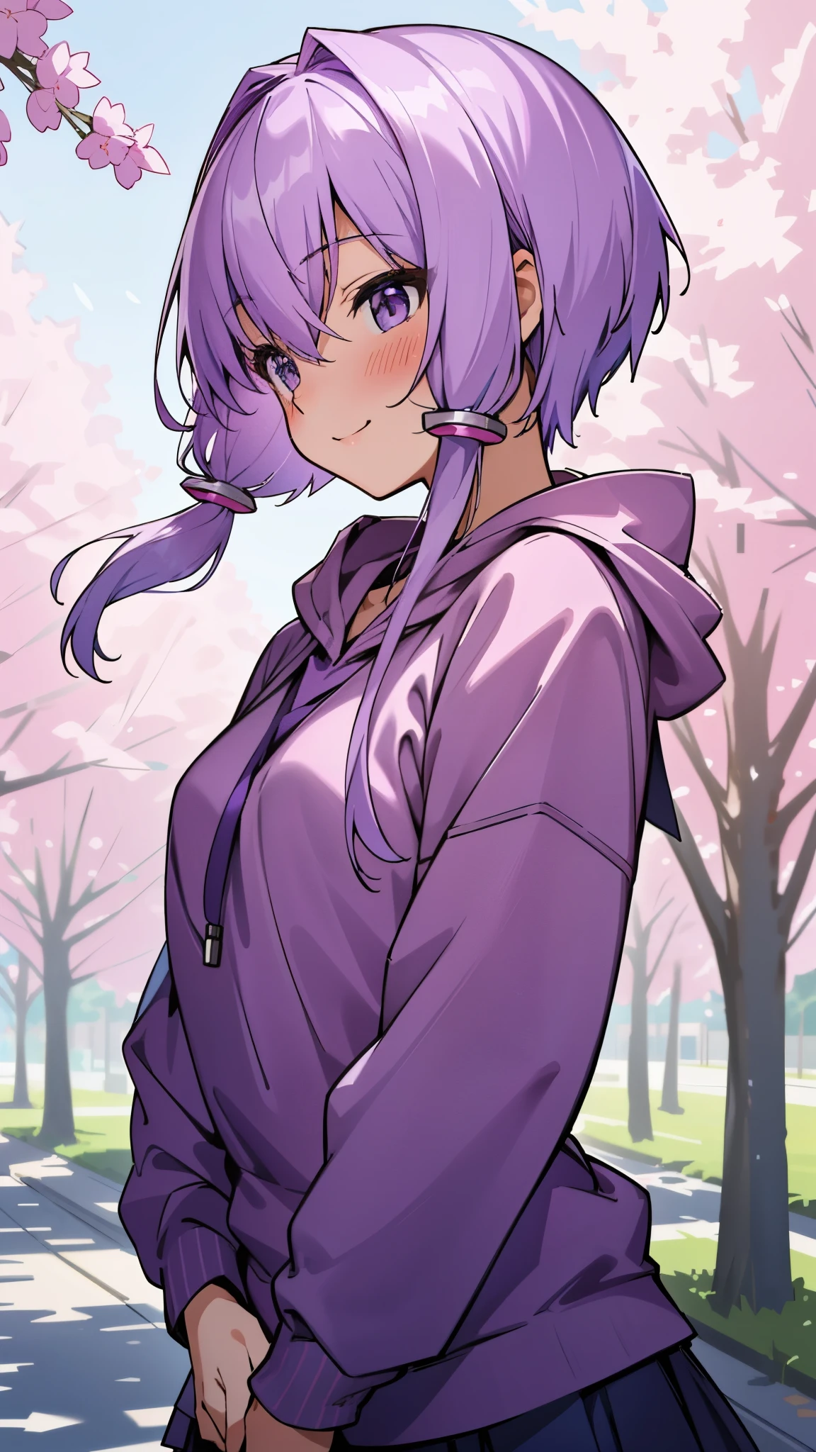 Yuitsuki Yukari、18-year-old、Slender body type、smile、blush、profile、Light purple hair、short hair、(hair between eyes)、upper body close-up、daytime、under the street tree、((fringe))、((sweatshirt))、 ((skirt))、muste piece、high resolution、4K