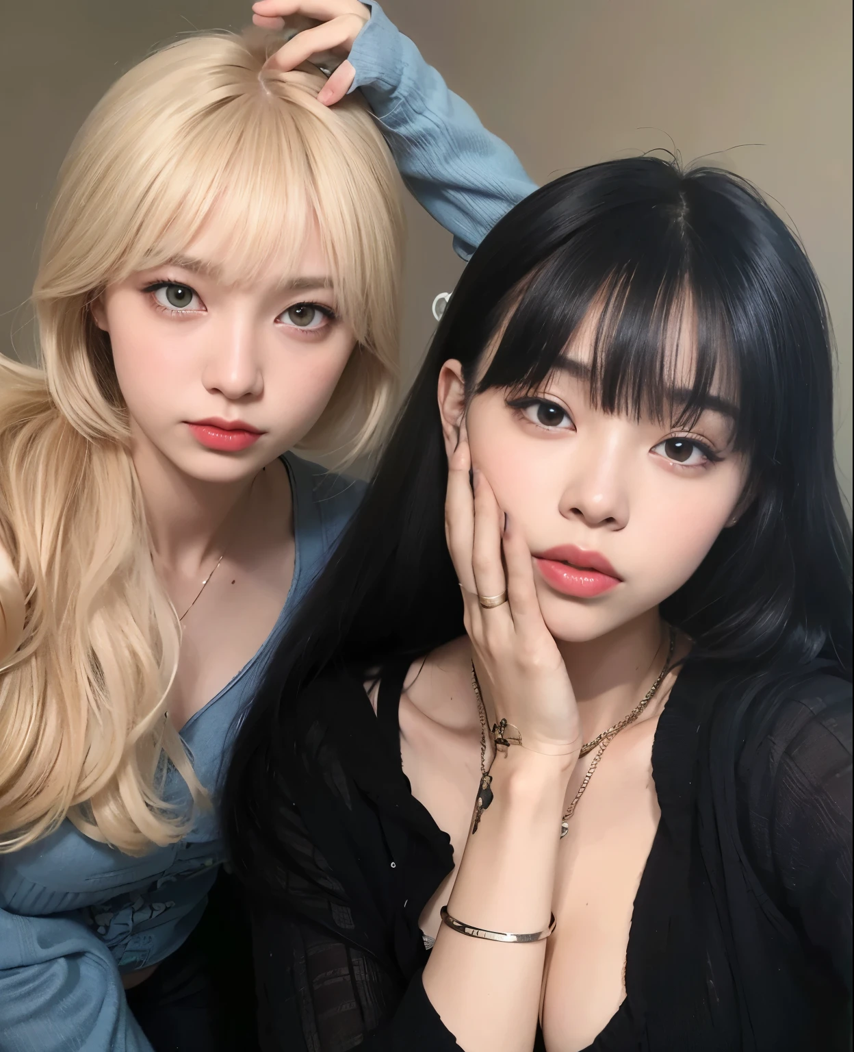 Dos mujeres con el pelo largo y flequillo posando para una foto, ulzzang, maquillaje popular de corea del sur, Lalisa Manobal, Nixeu y Sakimichan, como franja completa, como franja, maquillaje coreano popular, cabelo comprido como franja completa, cabelos longos como franja, Ela tem cabelo preto como franja, con negro, pelo largo y blanco y flequillo