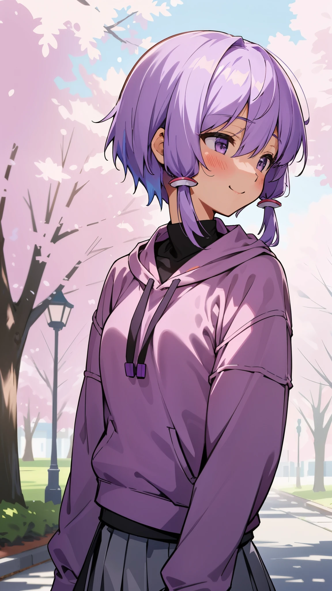 Yuitsuki Yukari、18-year-old、Slender body type、smile、blush、profile、Light purple hair、short hair、(hair between eyes)、upper body close-up、daytime、under the street tree、((fringe))、((sweatshirt))、 ((skirt))、muste piece、high resolution、4K