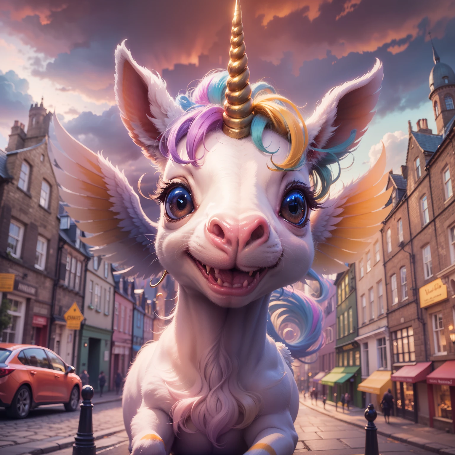 A very happy unicorn (with wings) in a magical scottish city (bursting with magic everywhere, and a castle in the background), caricature, extremely detailed, glamour photography, real estate photography, deep colors, earth tones, acidwave, comtemporary realism, fantasy, fairytale, rainbowcore