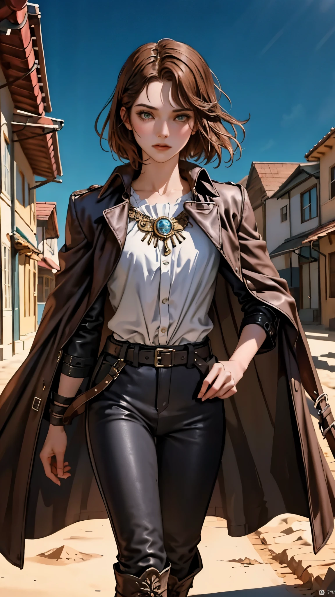 A woman with short reddish-brown hair, a determined gaze, her upper body is enveloped in a heavy cloak with leather accents, the cloak covers the lower half of her face, a tight-fitting long leather trench coat with ethnic-style details at the hem underneath, coarse fabric pants, sturdy knee-high leather boots, the background depicts a fantasy-style western town with swirling yellow sand, this character embodies a finely crafted fantasy western-style female shaman in anime style, exquisite and mature manga art style, high definition, best quality, highres, ultra-detailed, ultra-fine painting, extremely delicate, professional, anatomically correct, symmetrical face, extremely detailed eyes and face, high quality eyes, creativity, RAW photo, UHD, 8k, Natural light, cinematic lighting, masterpiece-anatomy-perfect, masterpiece:1.5